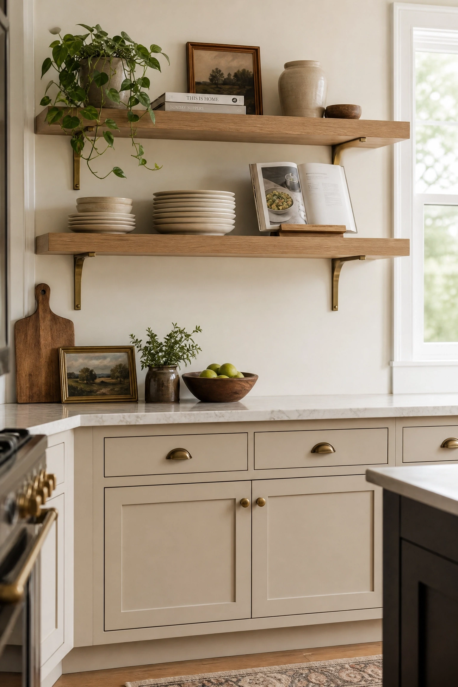 natural white oak open shelving in a kitchen