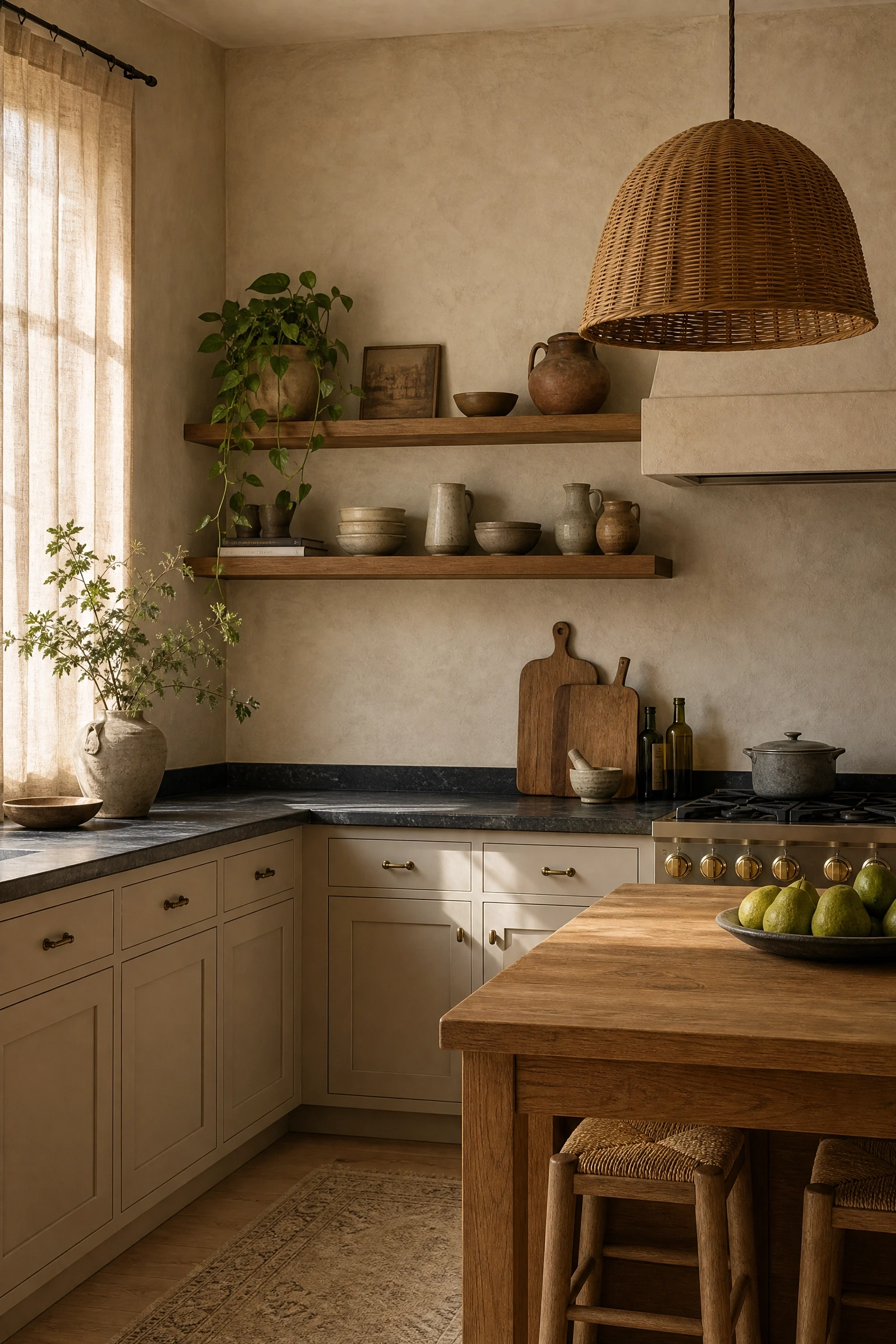 organic modern kitchen with textured plaster walls