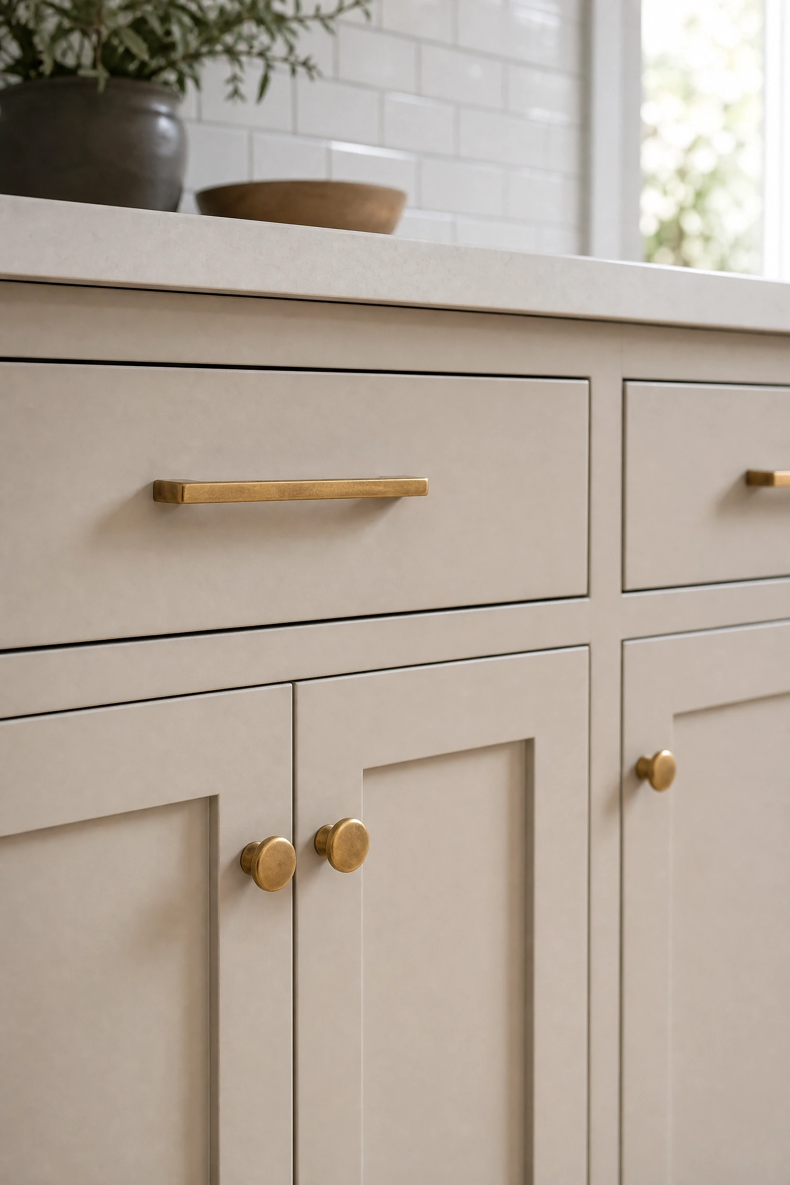 shaker-style doors with unlacquered brass hardware in a kitchen