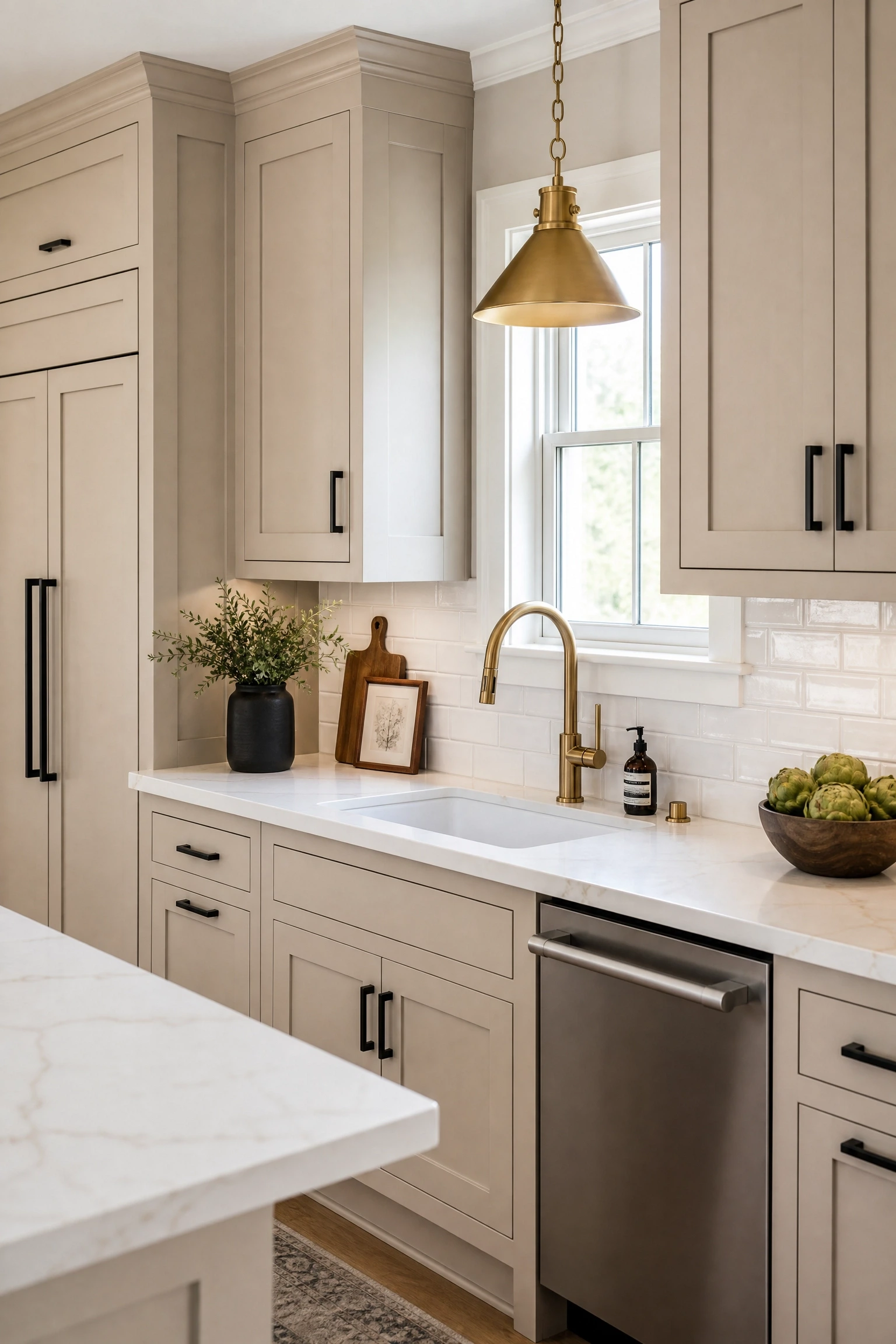 transitional style with mixed metal hardware in a kitchen