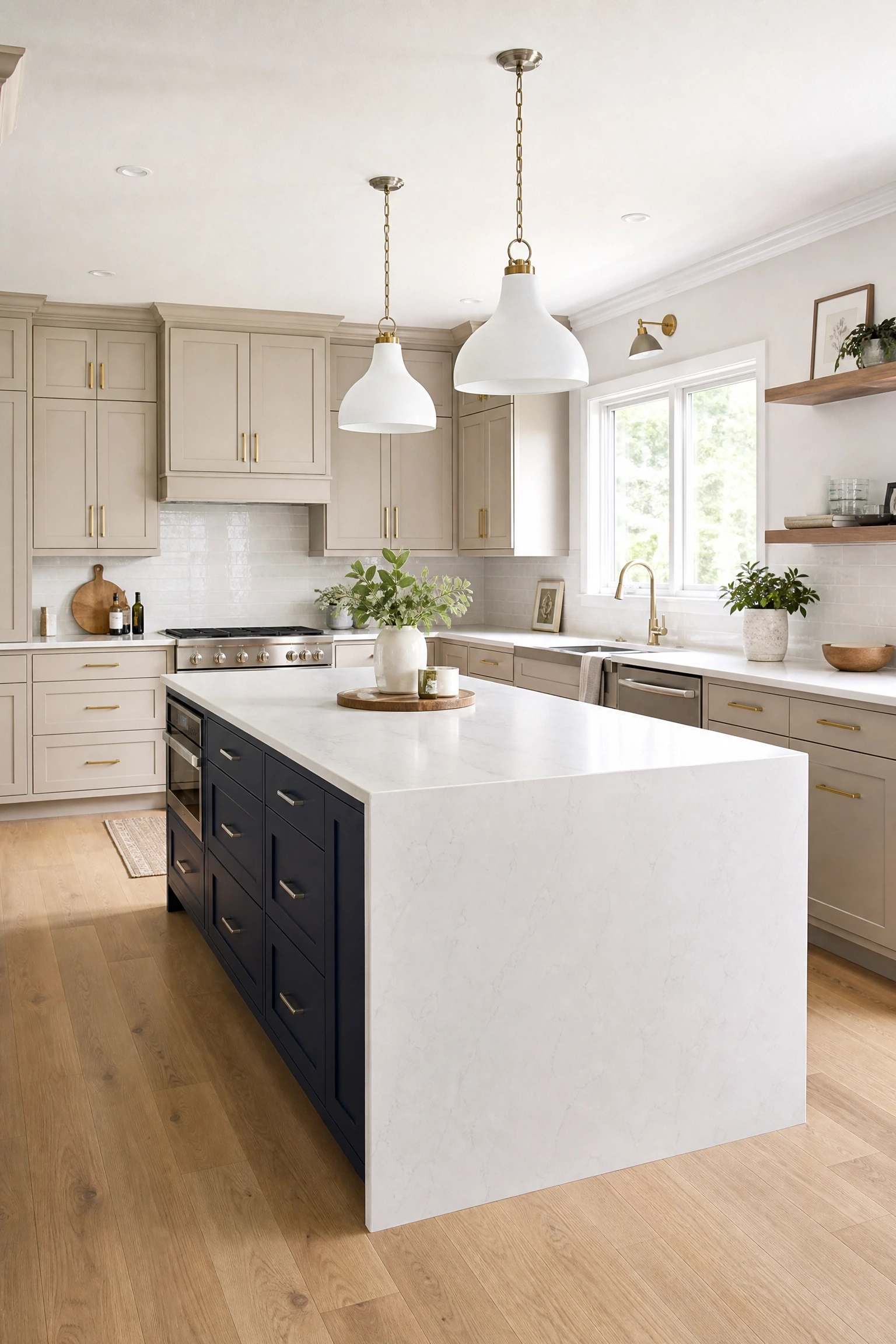 two-tone look with a navy blue island in a kitchen