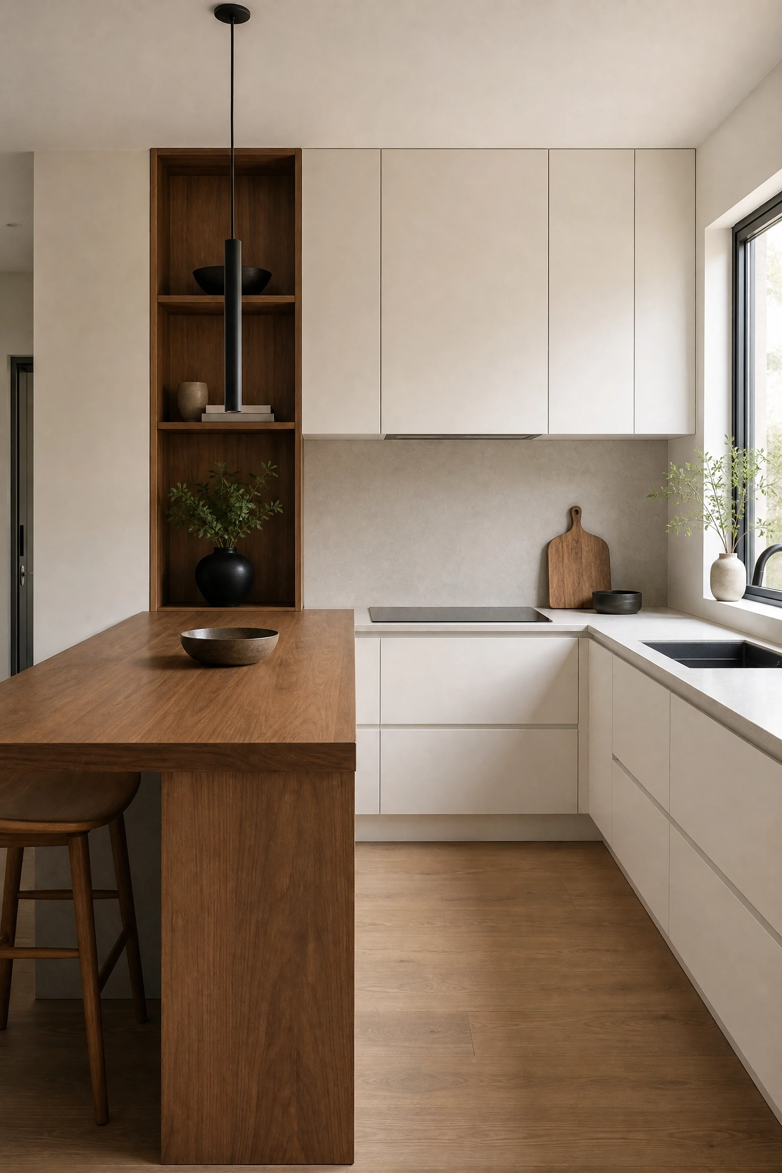 acrylic and raw timber mixed kitchen