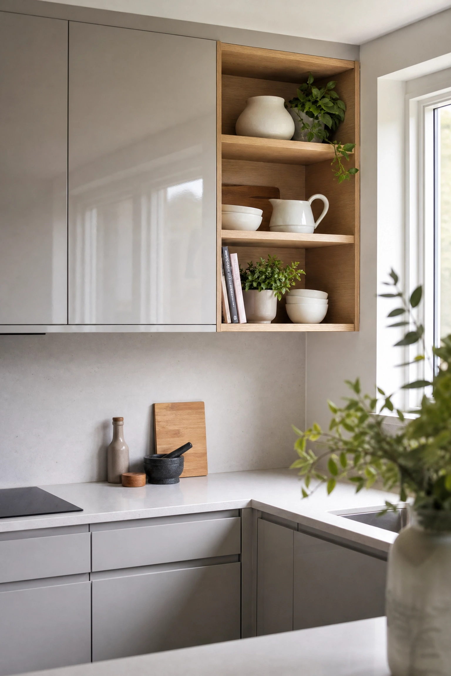 acrylic cabinets with open shelving inserts in a kitchen
