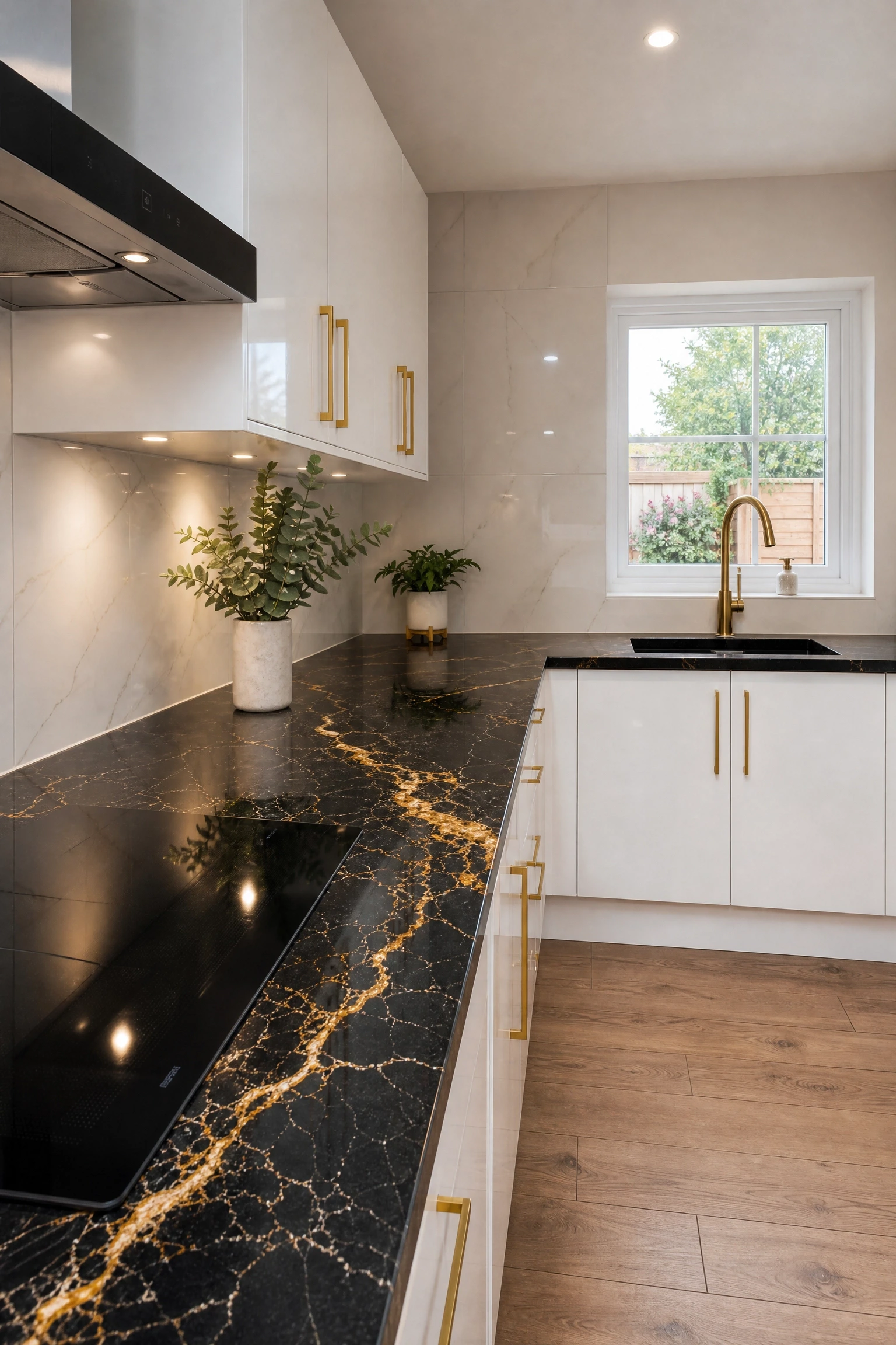 acrylic gloss white with gold veined black countertops in a kitchen
