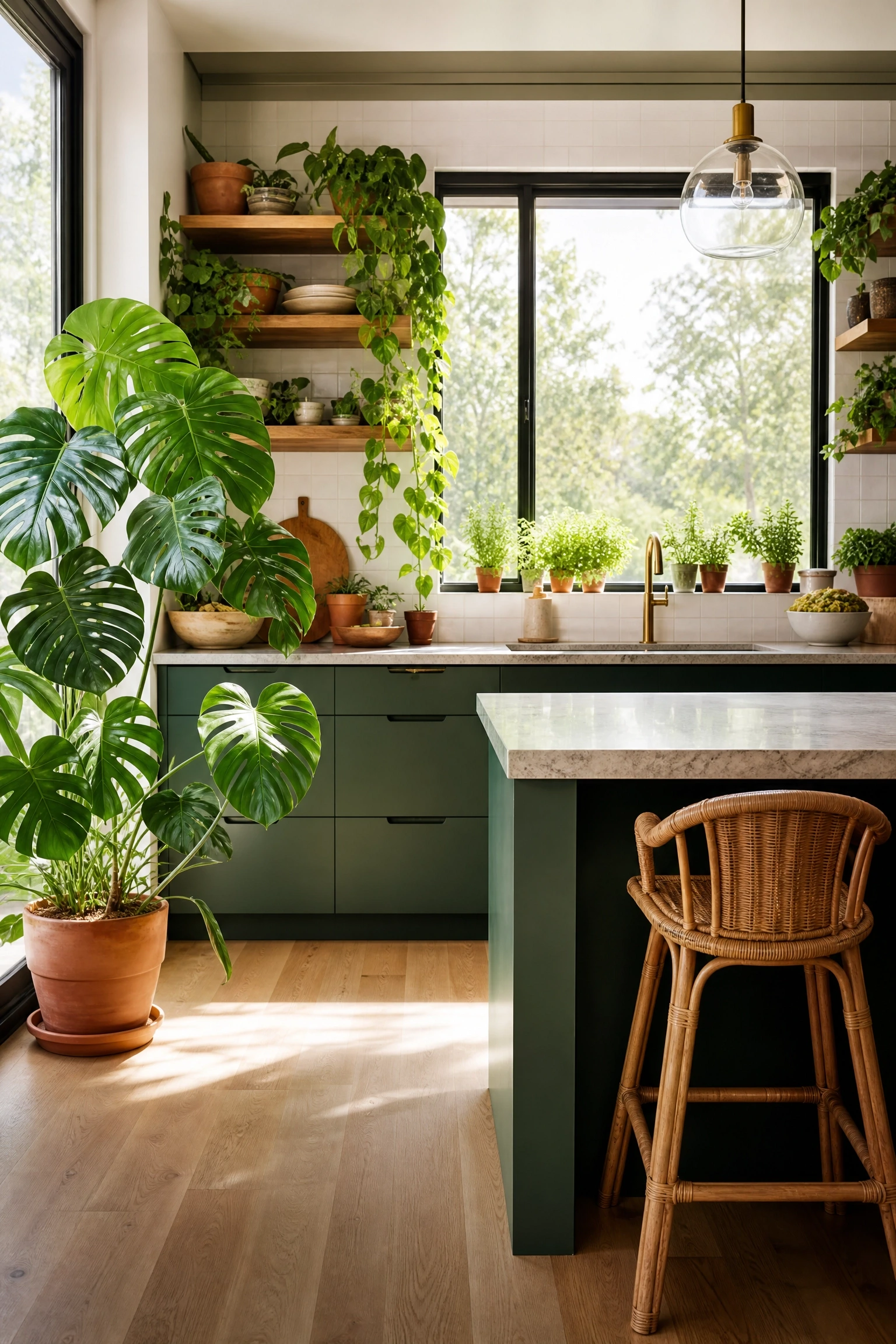 biophilic kitchen with acrylic, plants, and natural light