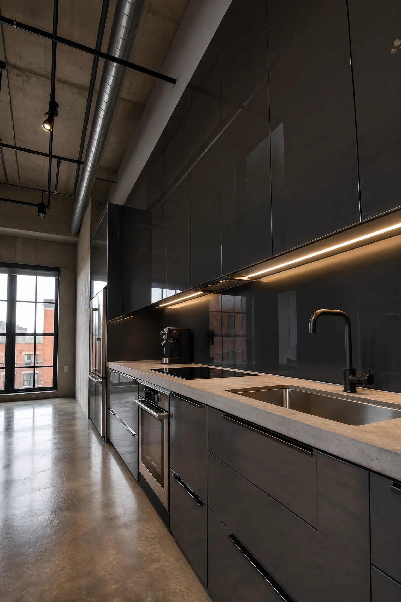 charcoal grey gloss cabinets with concrete countertops in a kitchen