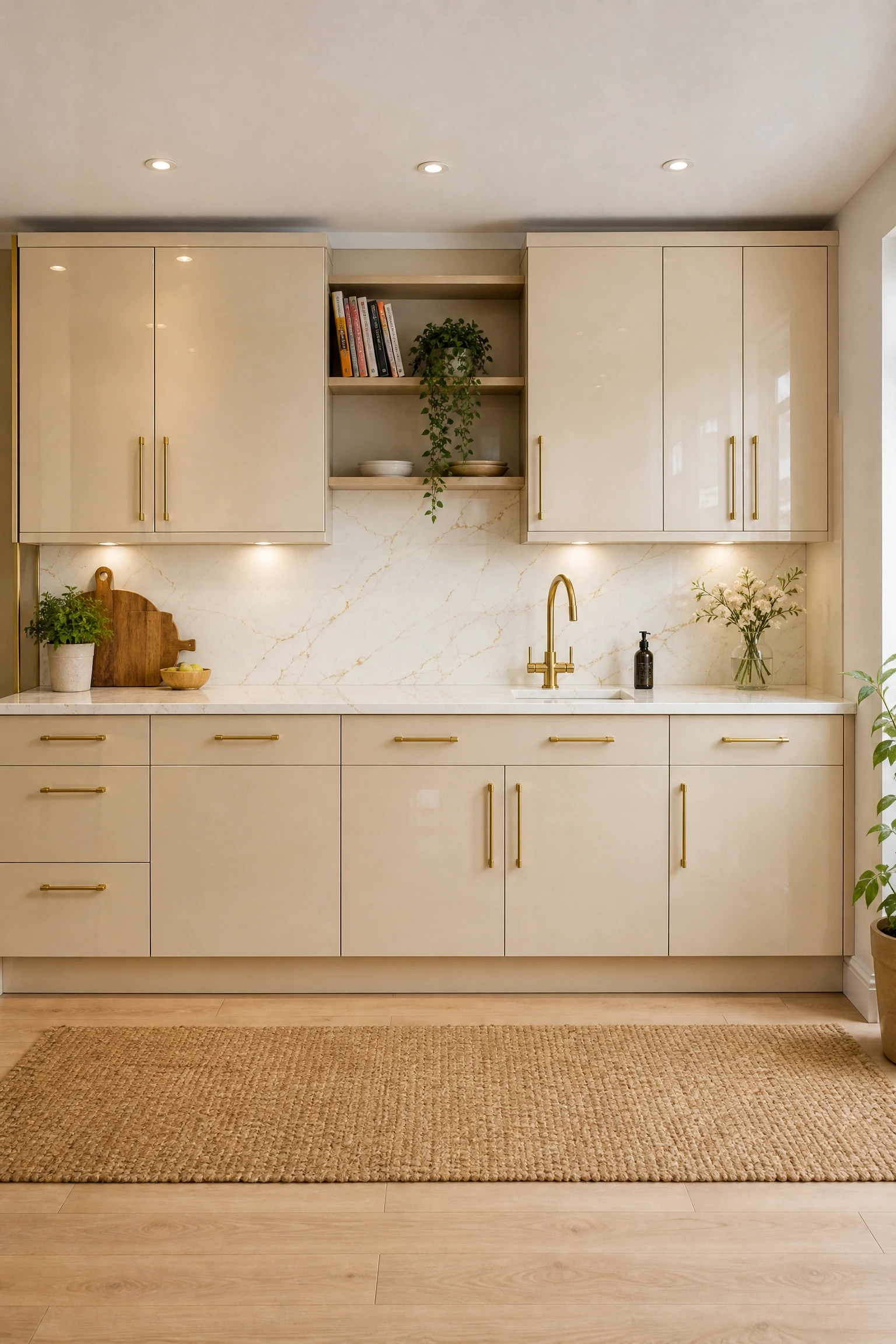 cream acrylic cabinets with warm brass hardware in a kitchen