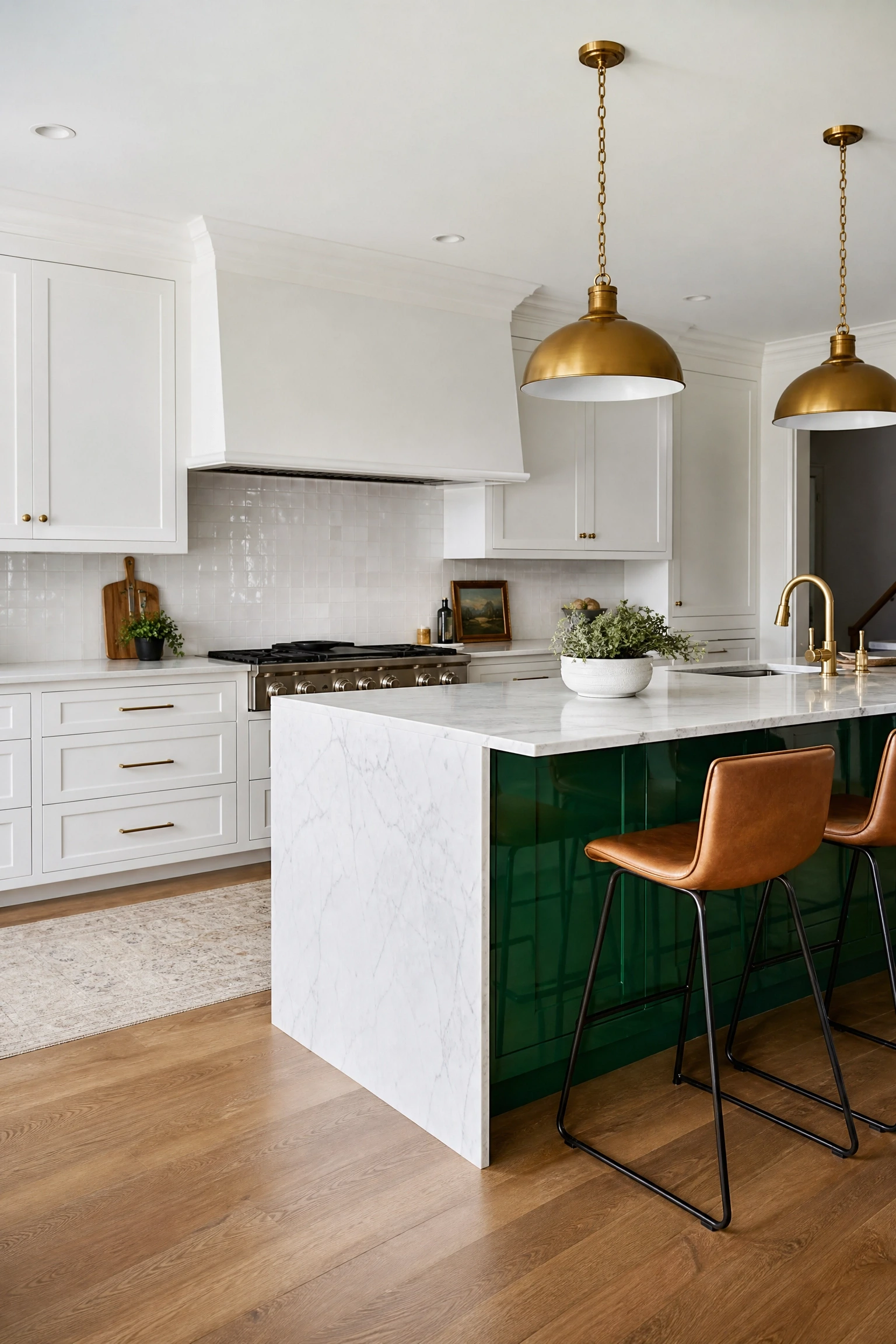 emerald green island with white acrylic surround in a kitchen