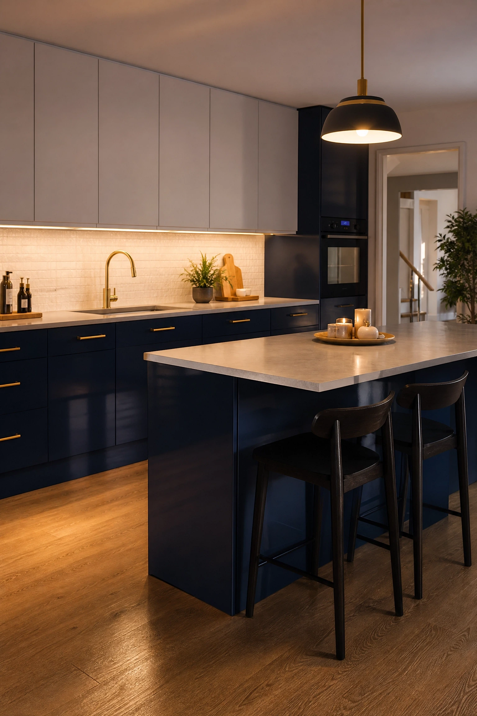 navy blue gloss lowers with white matte uppers in a kitchen