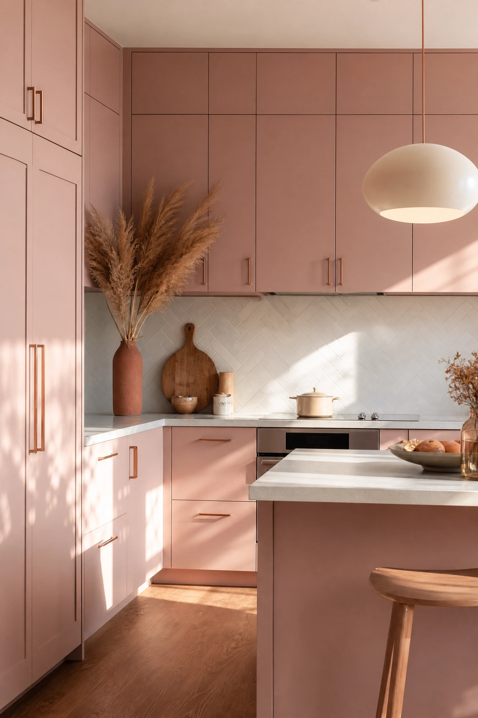 soft blush pink matte cabinets for a contemporary look in a kitchen