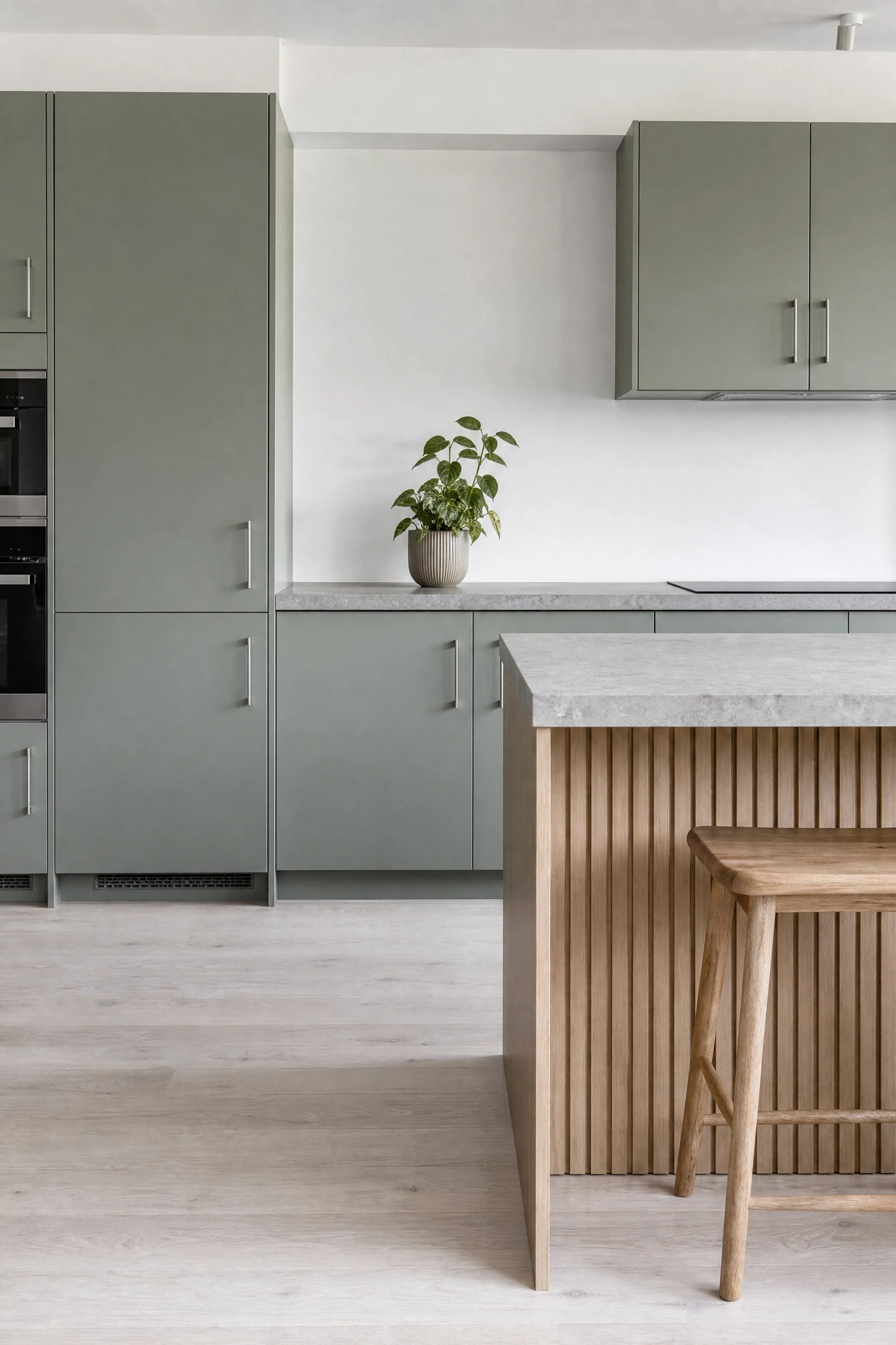 soft grey-green acrylic in a scandi-style kitchen