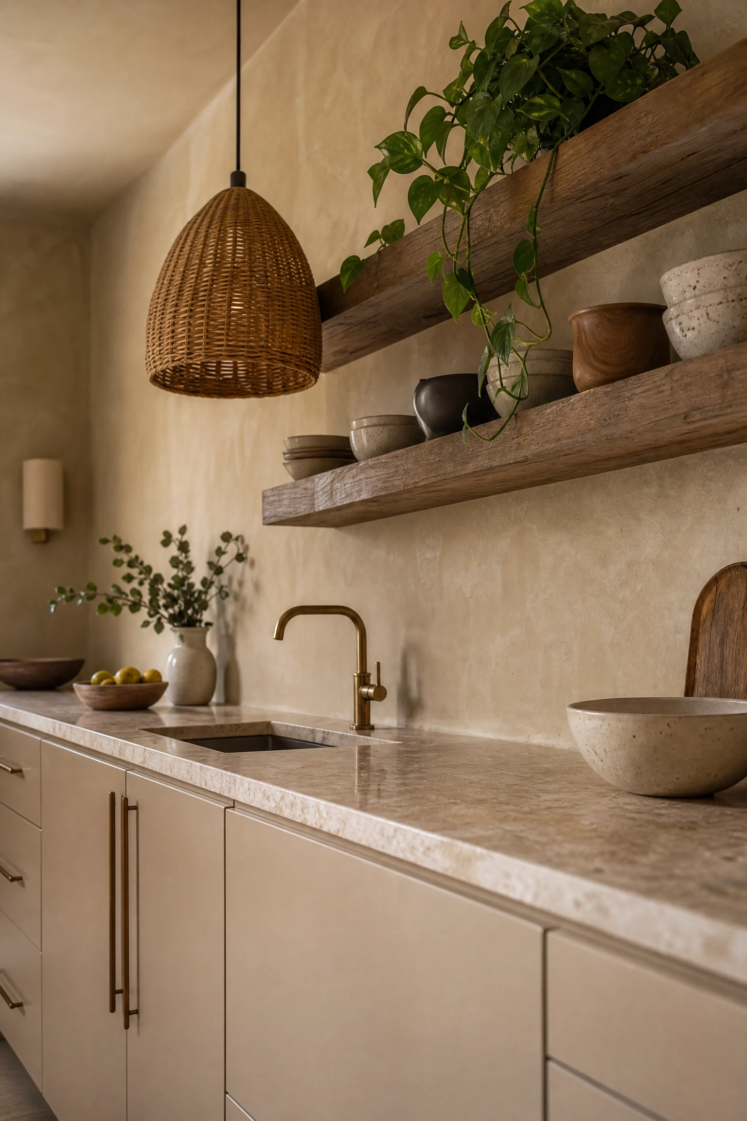 warm beige acrylic with limewash walls in a kitchen