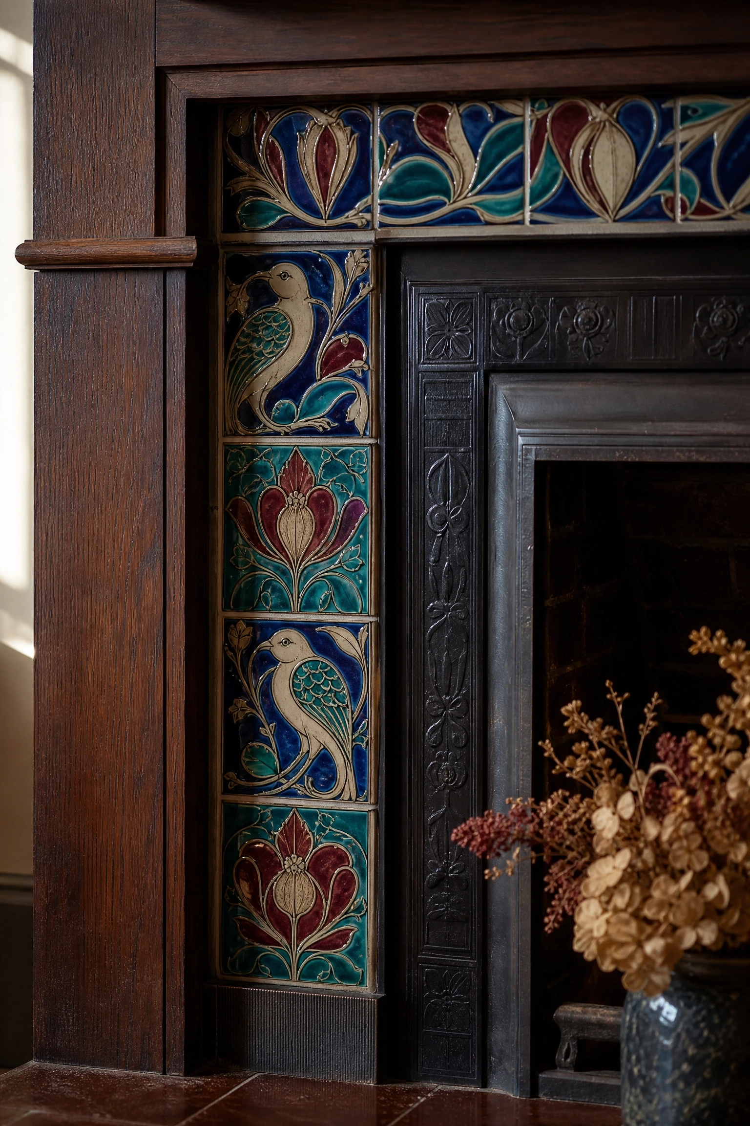 arts and crafts tile fireplace face