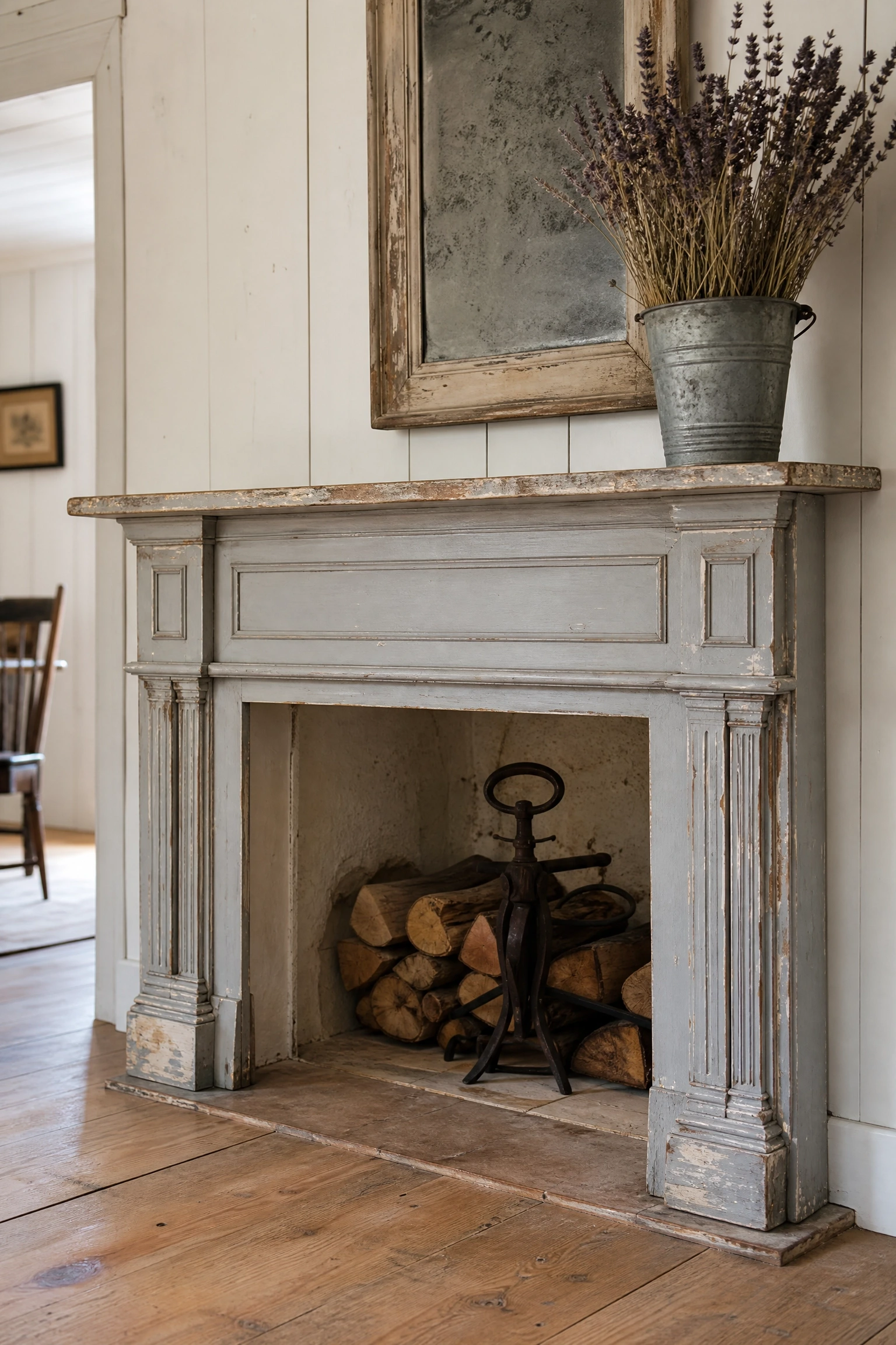 distressed painted wood mantel