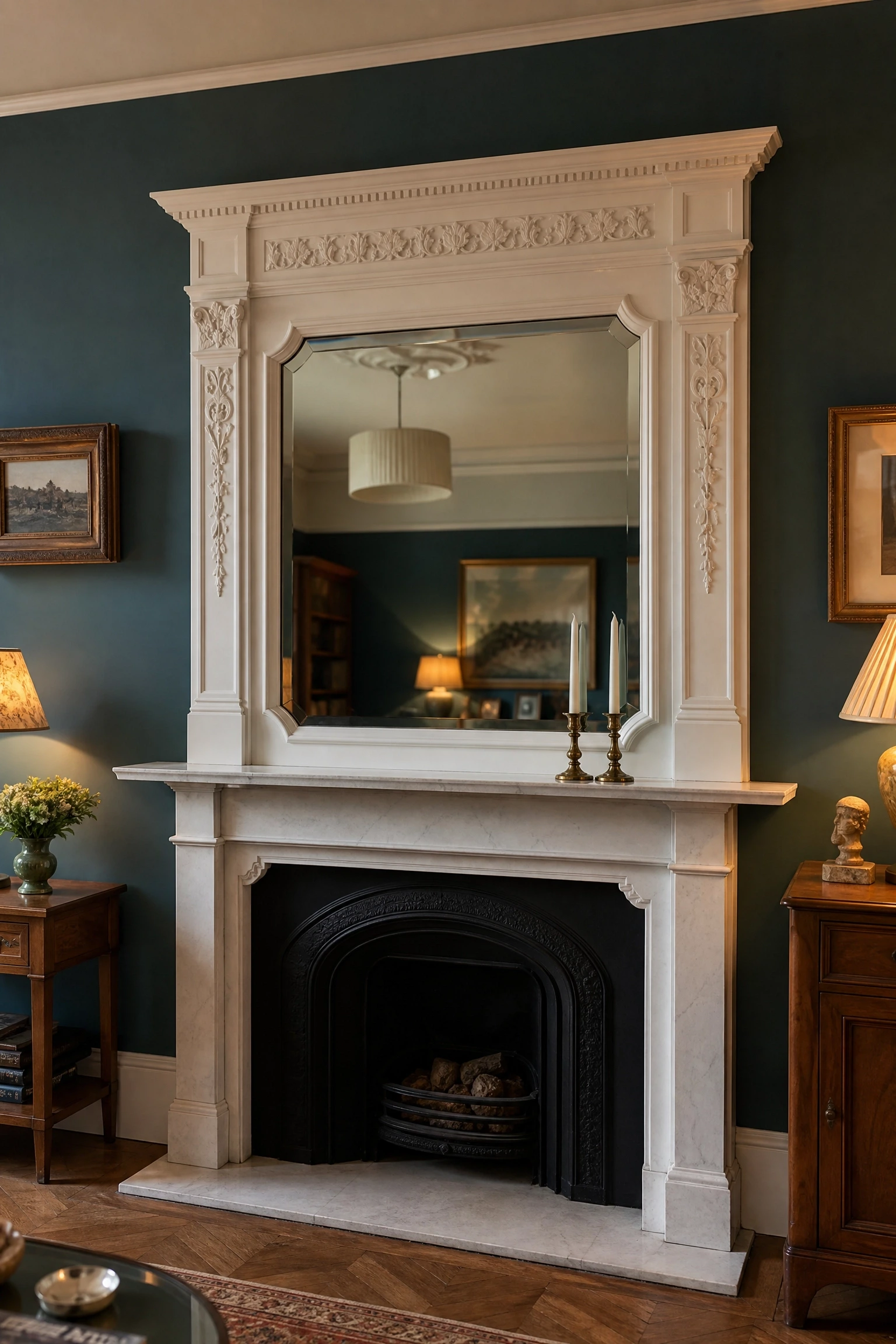 overmantel with built-in mirror