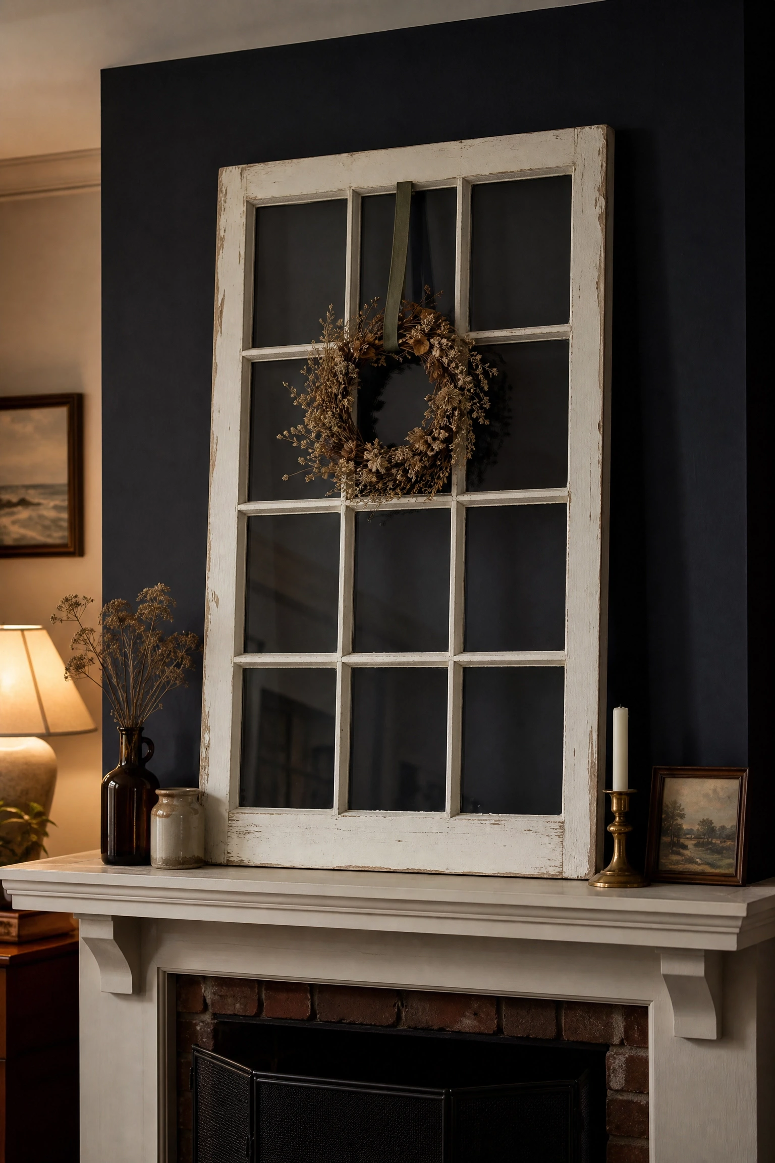salvaged architectural window as backdrop