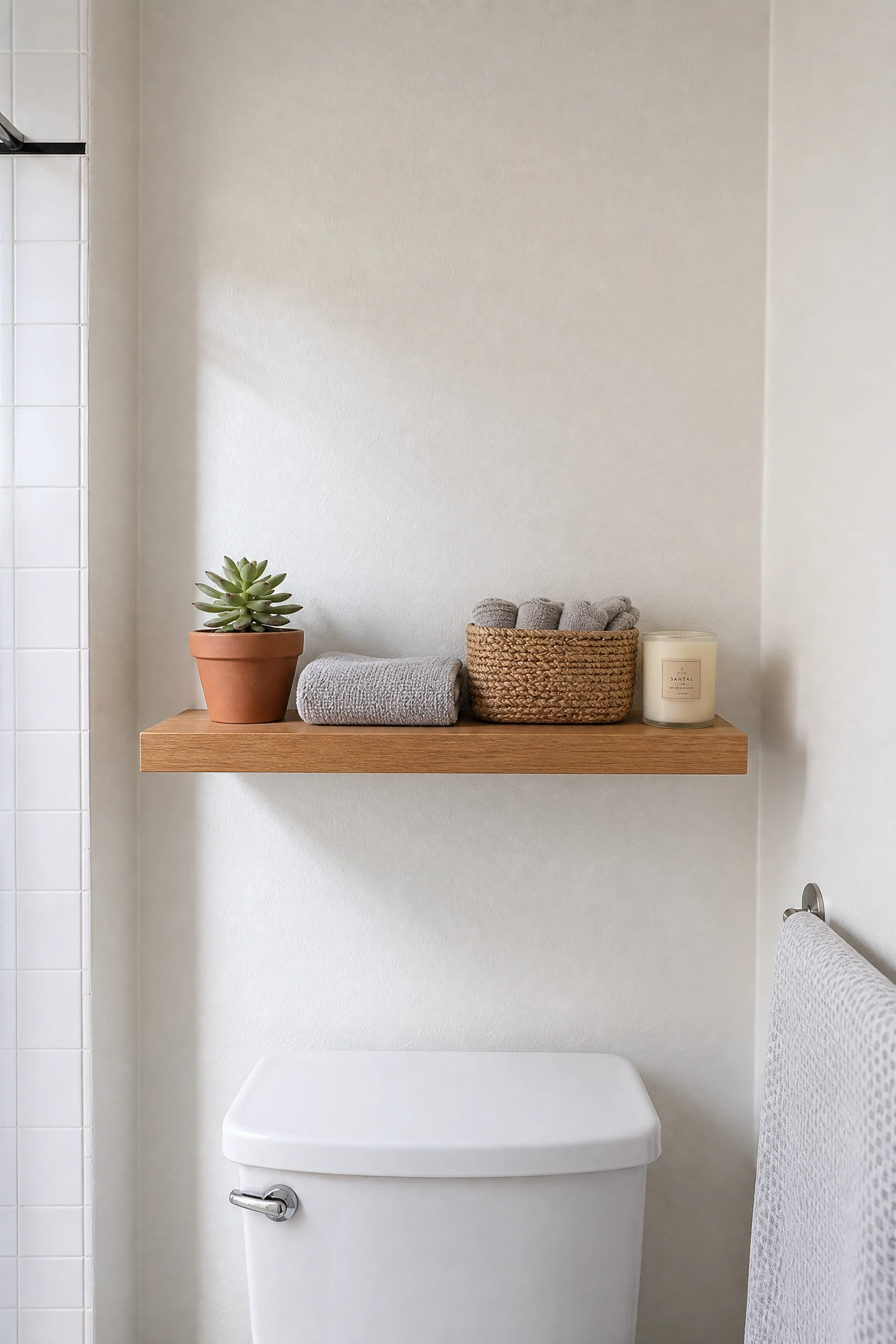 add a floating shelf above the toilet in a bathroom