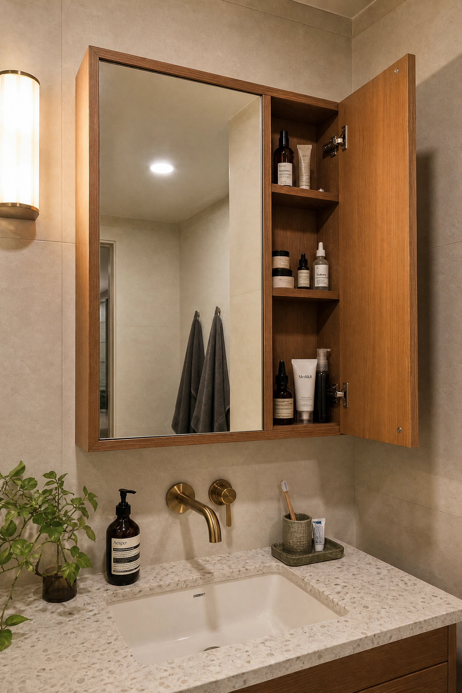 add a medicine cabinet or recessed mirror cabinet in a bathroom