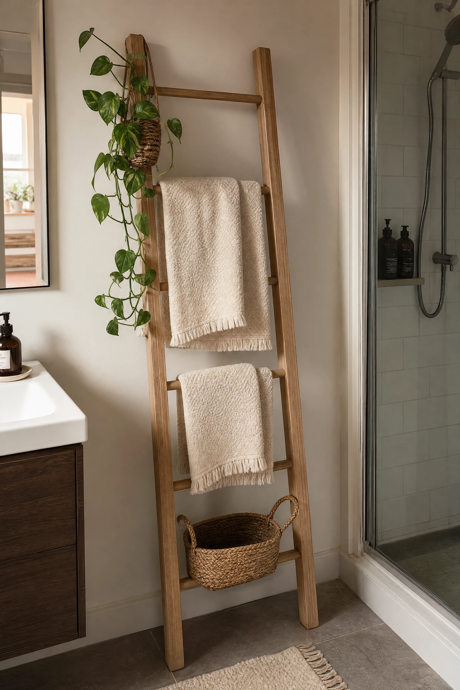 add a towel ladder or freestanding rail in a bathroom