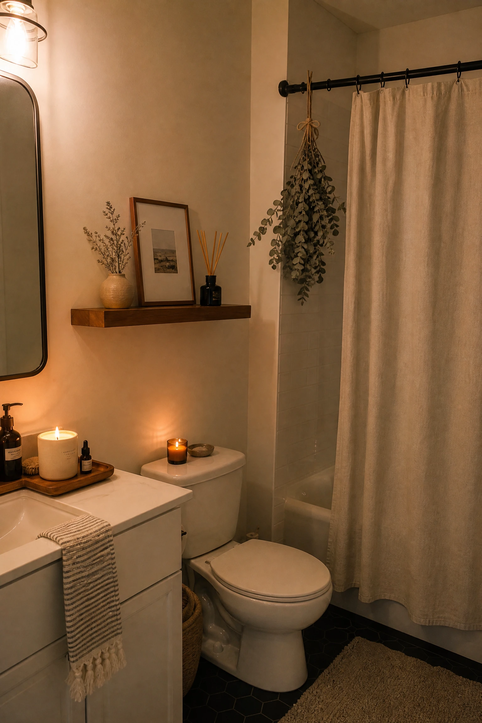 create a scent and atmosphere layer in a bathroom