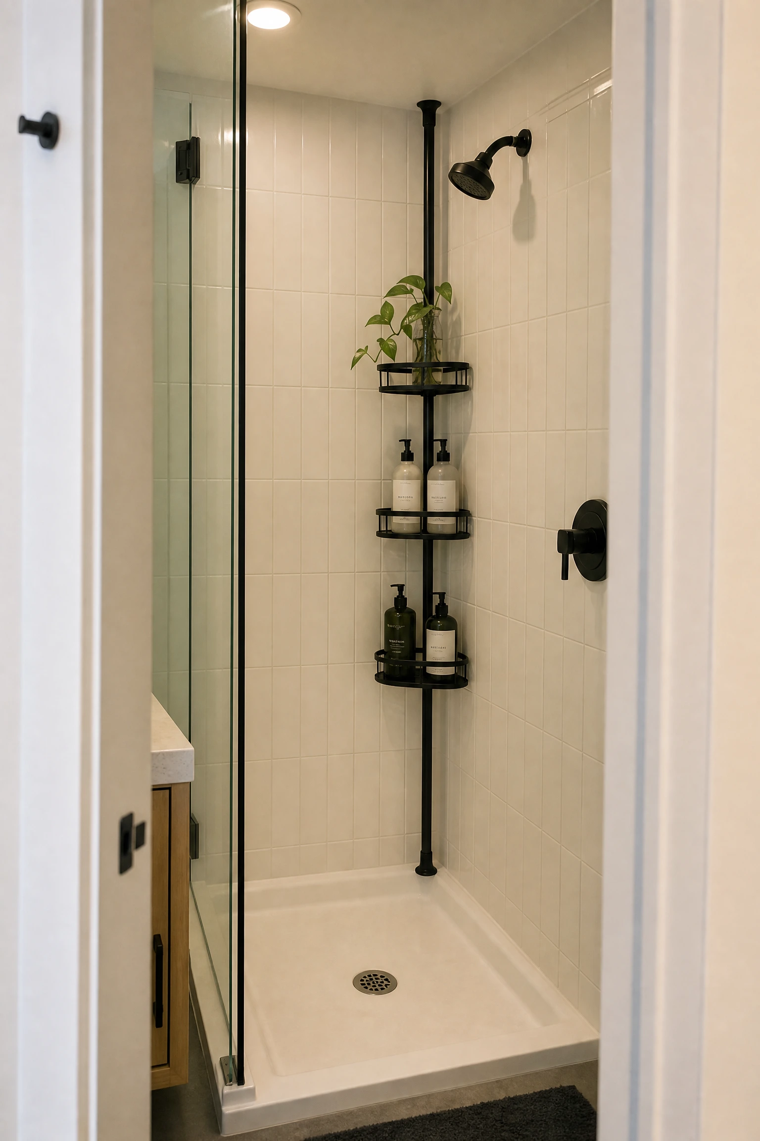 install a tension rod shelf system in the shower in a bathroom