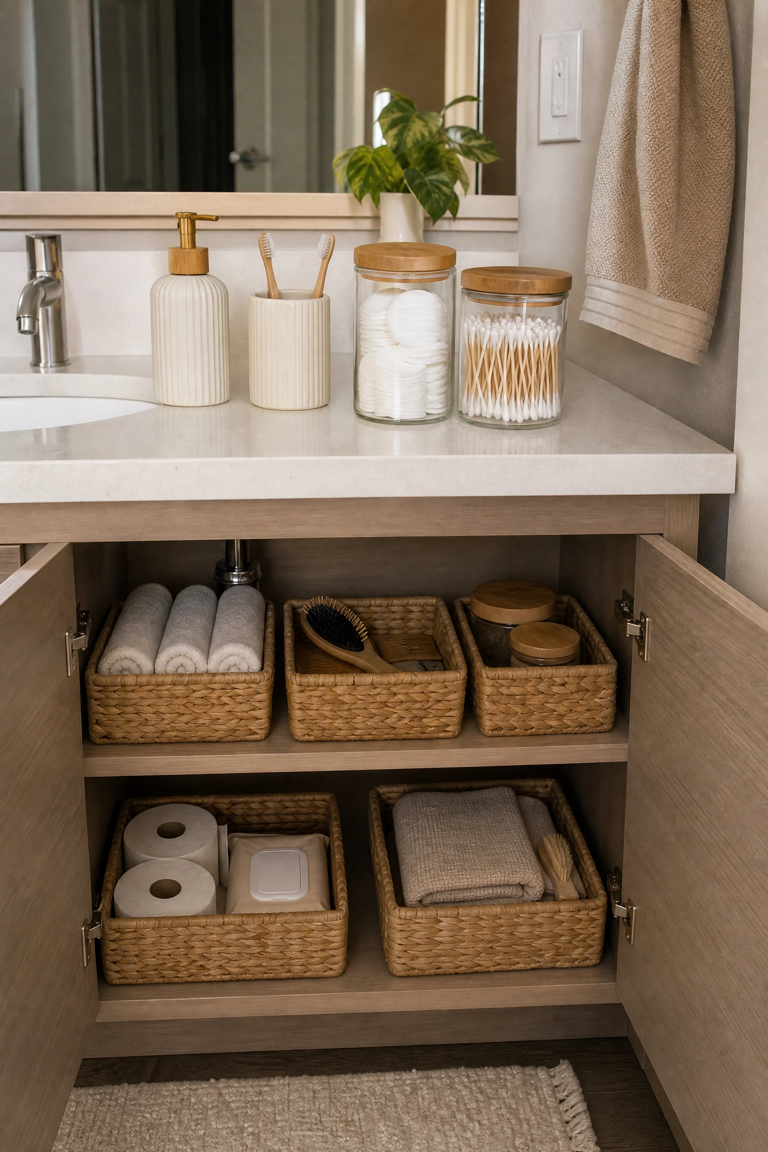invest in coordinated storage containers in a bathroom