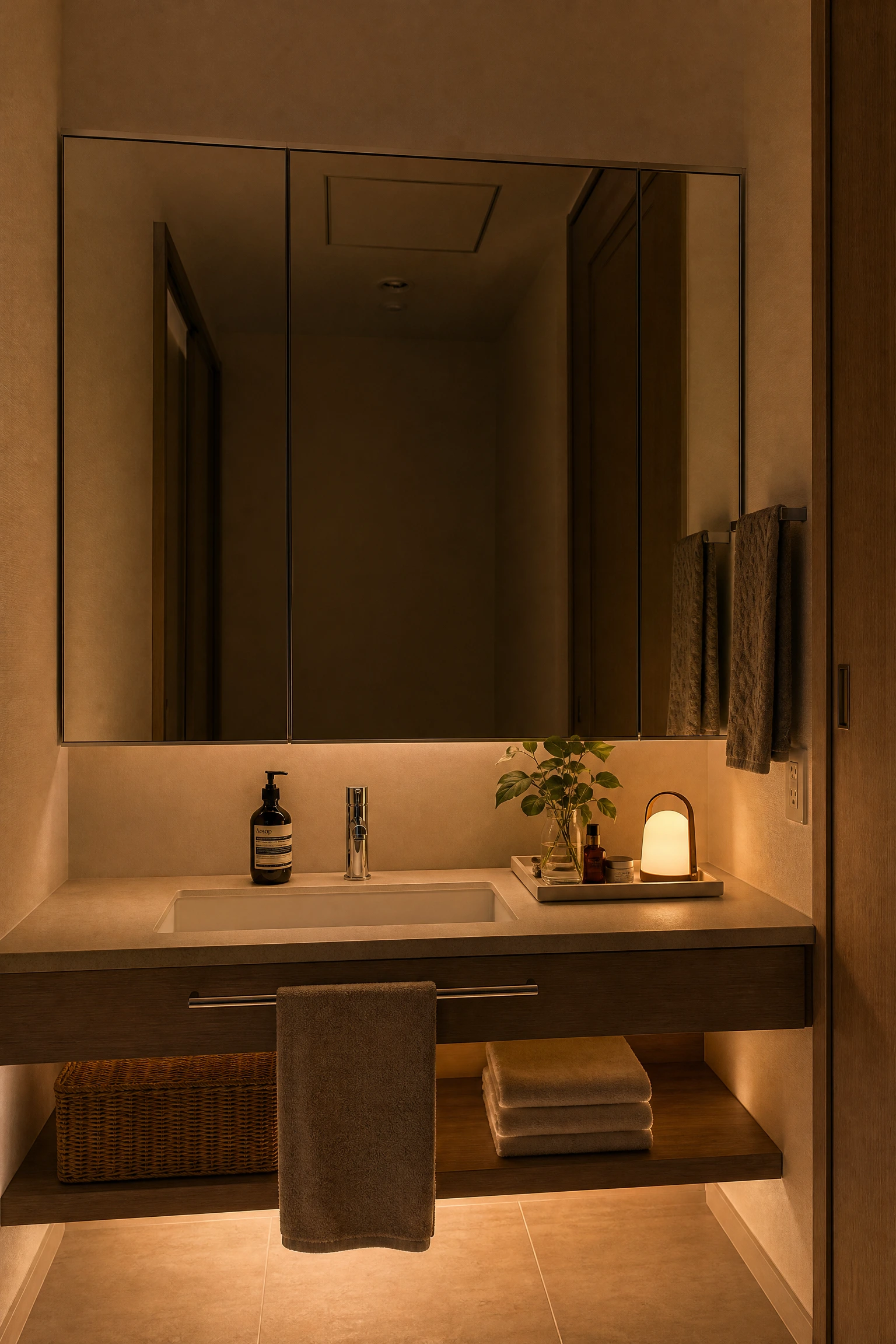 layer the lighting with portable sources in a bathroom