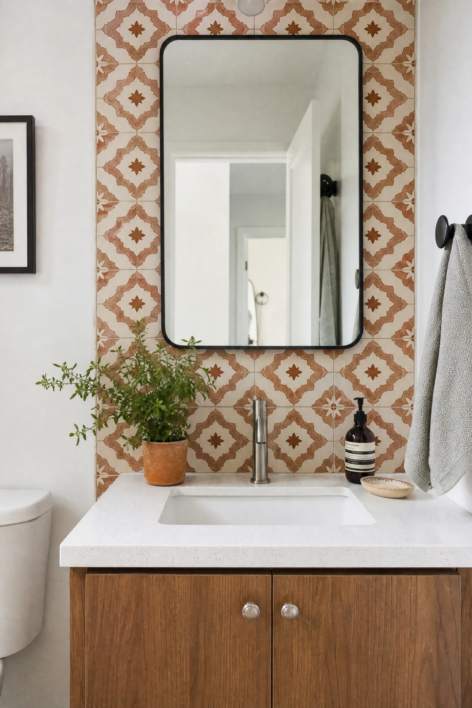 use peel-and-stick tiles on the backsplash or floor in a bathroom