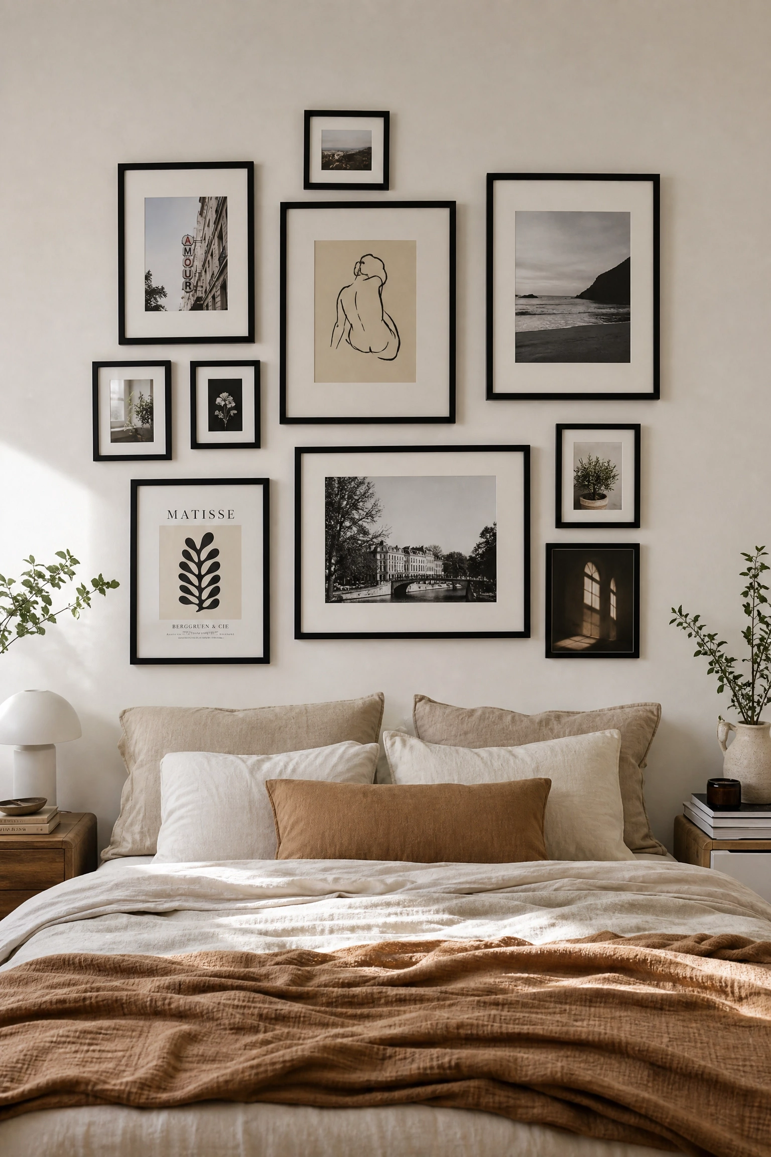 a gallery wall built from mismatched cheap frames in a bedroom