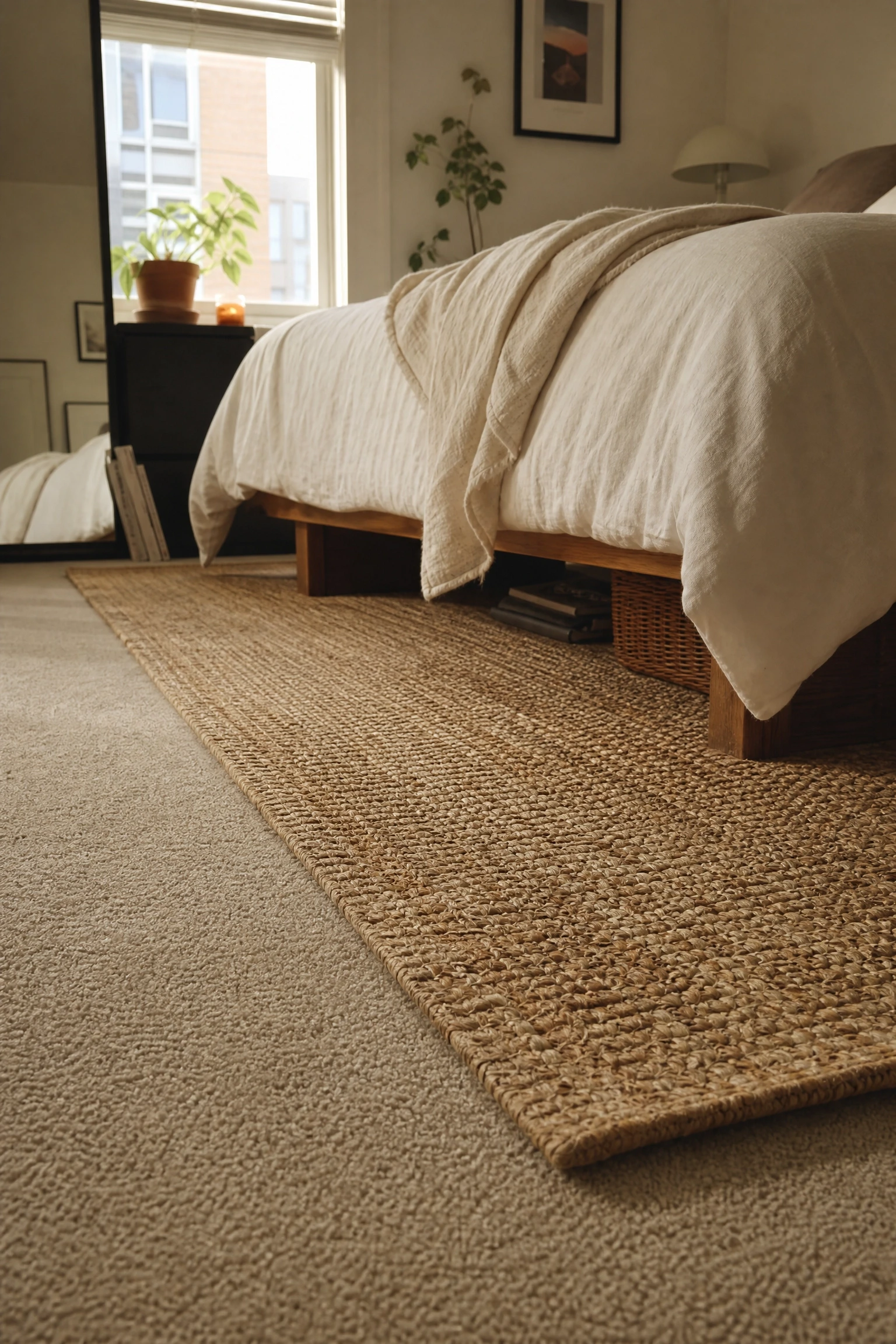 a jute or wool rug layered over wall-to-wall carpet in a bedroom