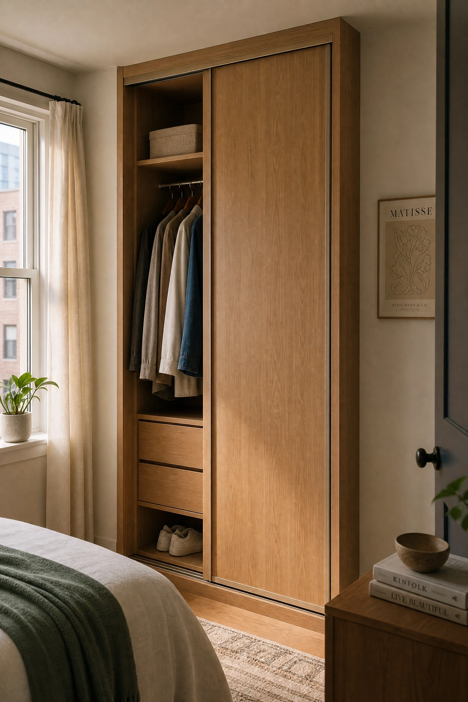 a slim wardrobe with sliding doors in a bedroom