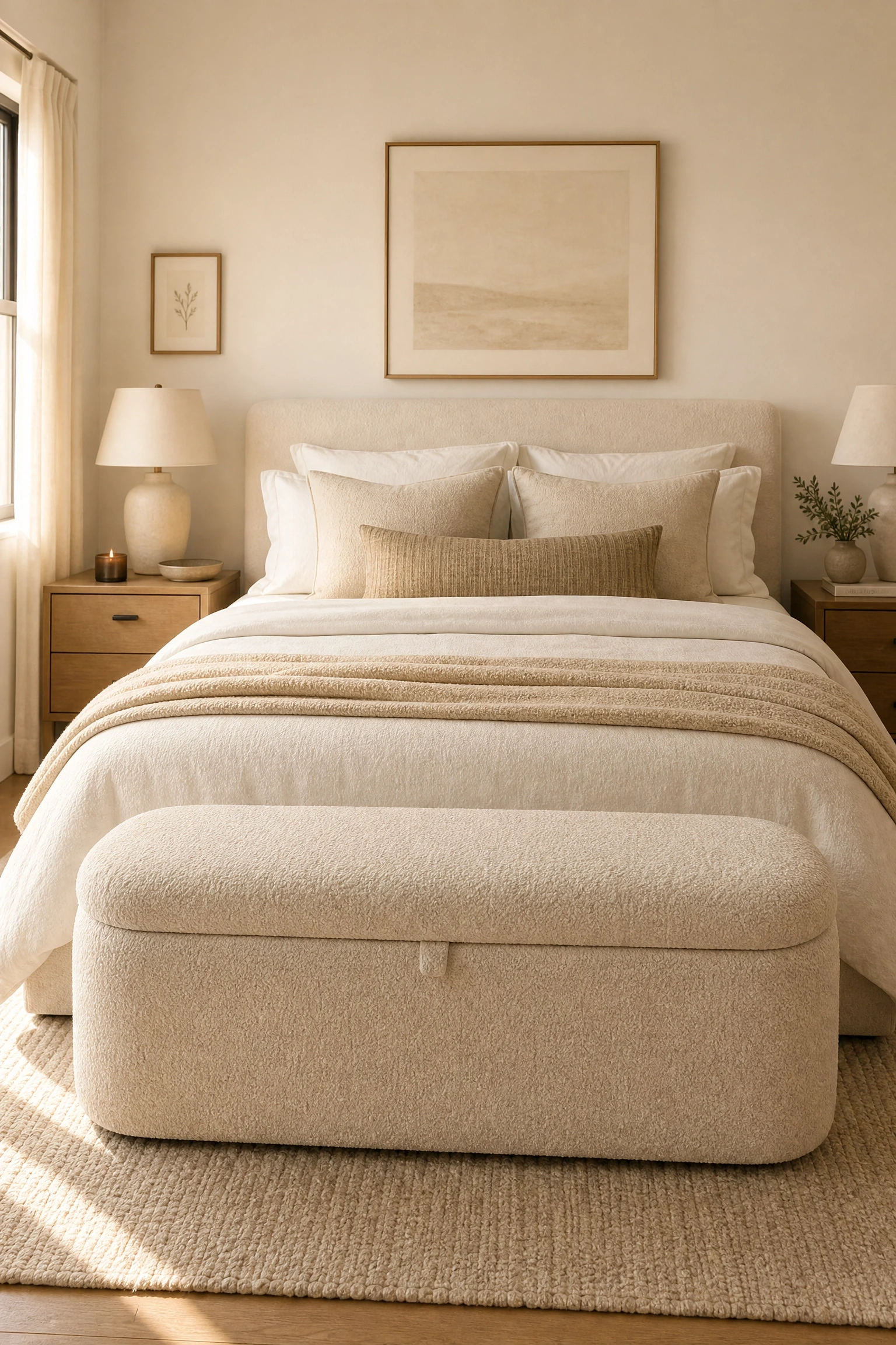 a storage bench at the foot of the bed in a bedroom