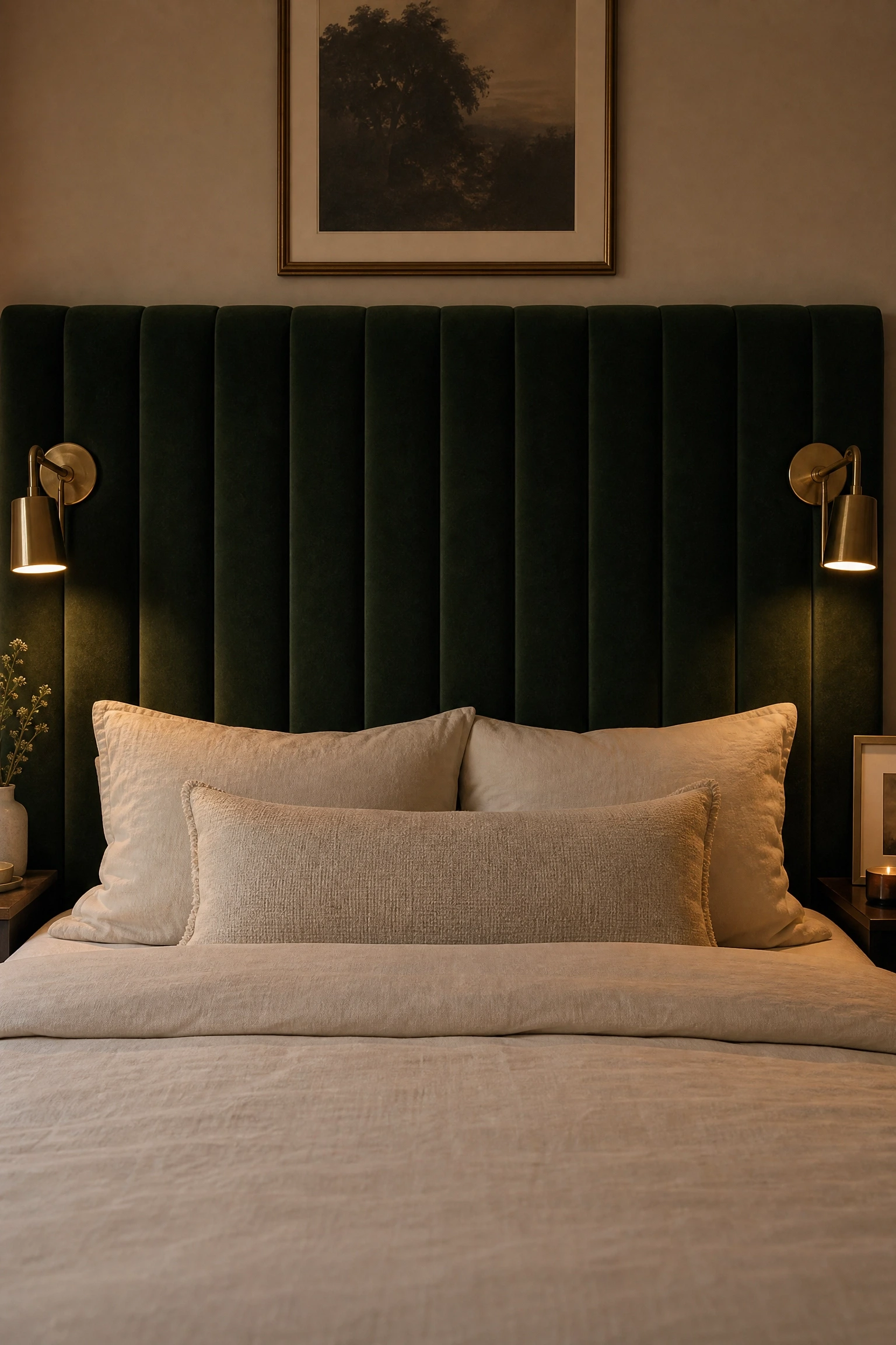 a velvet or boucle headboard as the splurge piece in a bedroom