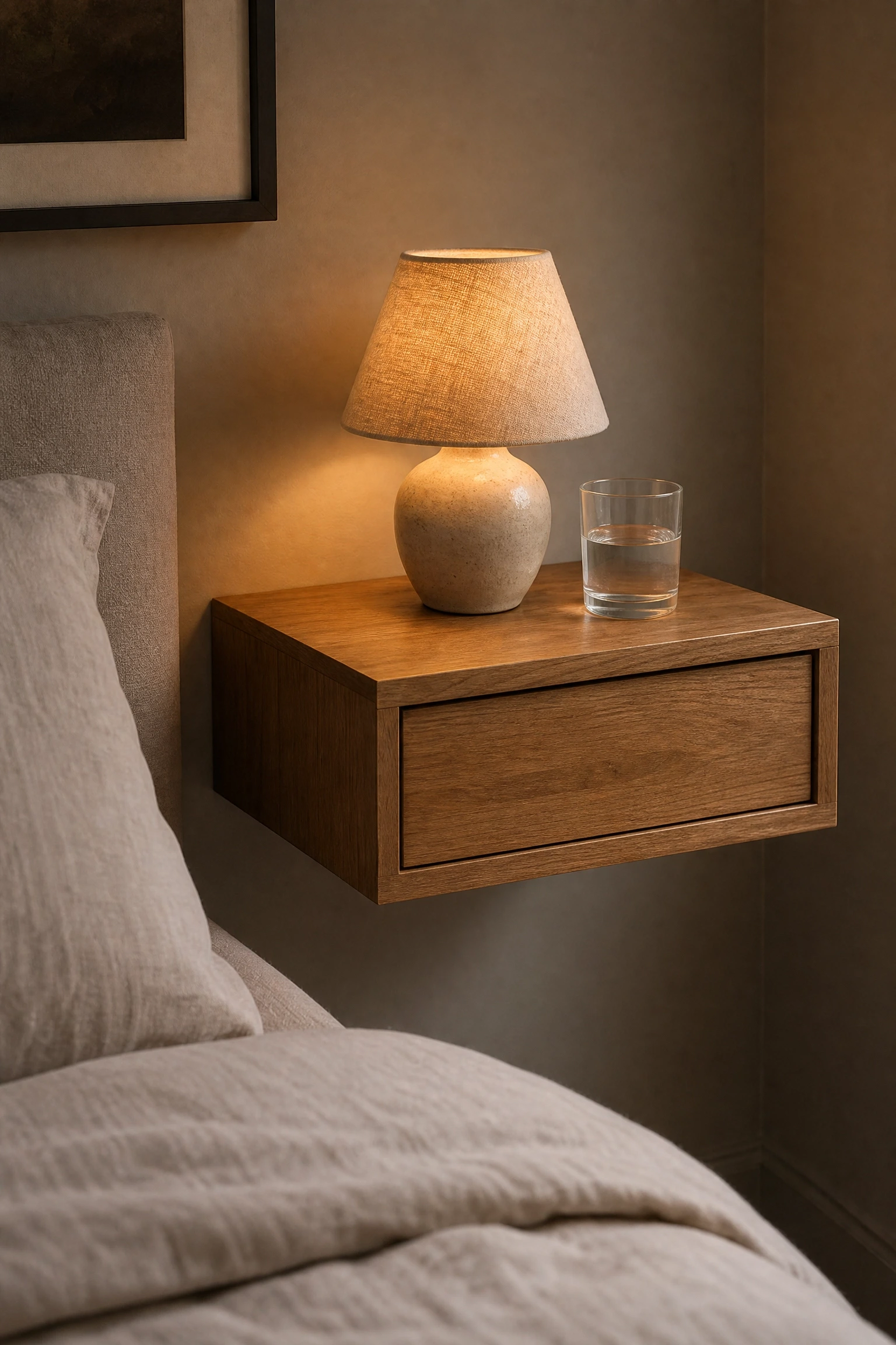 floating nightstands instead of boxy ones in a bedroom