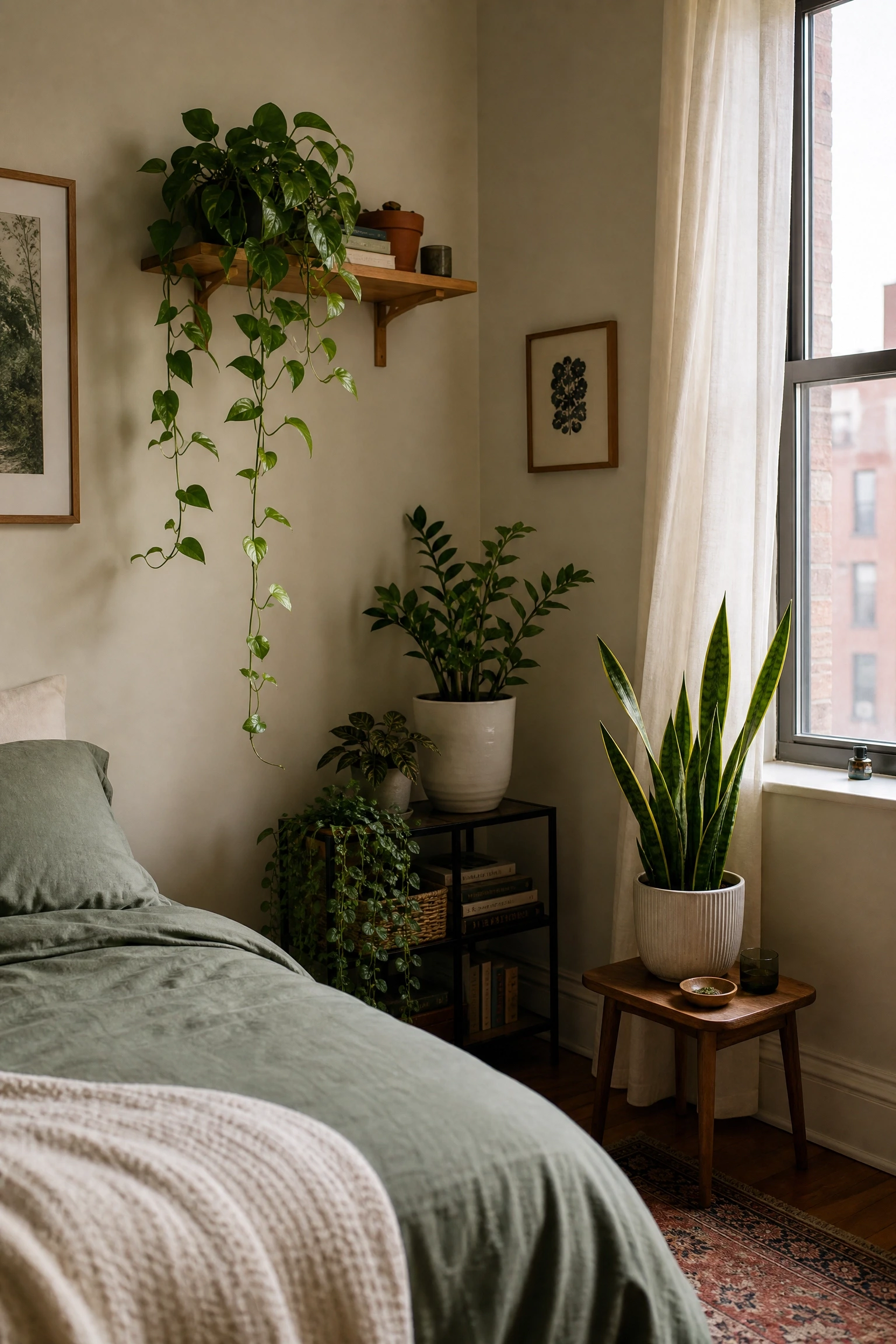 greenery at varied heights instead of one big plant in a bedroom