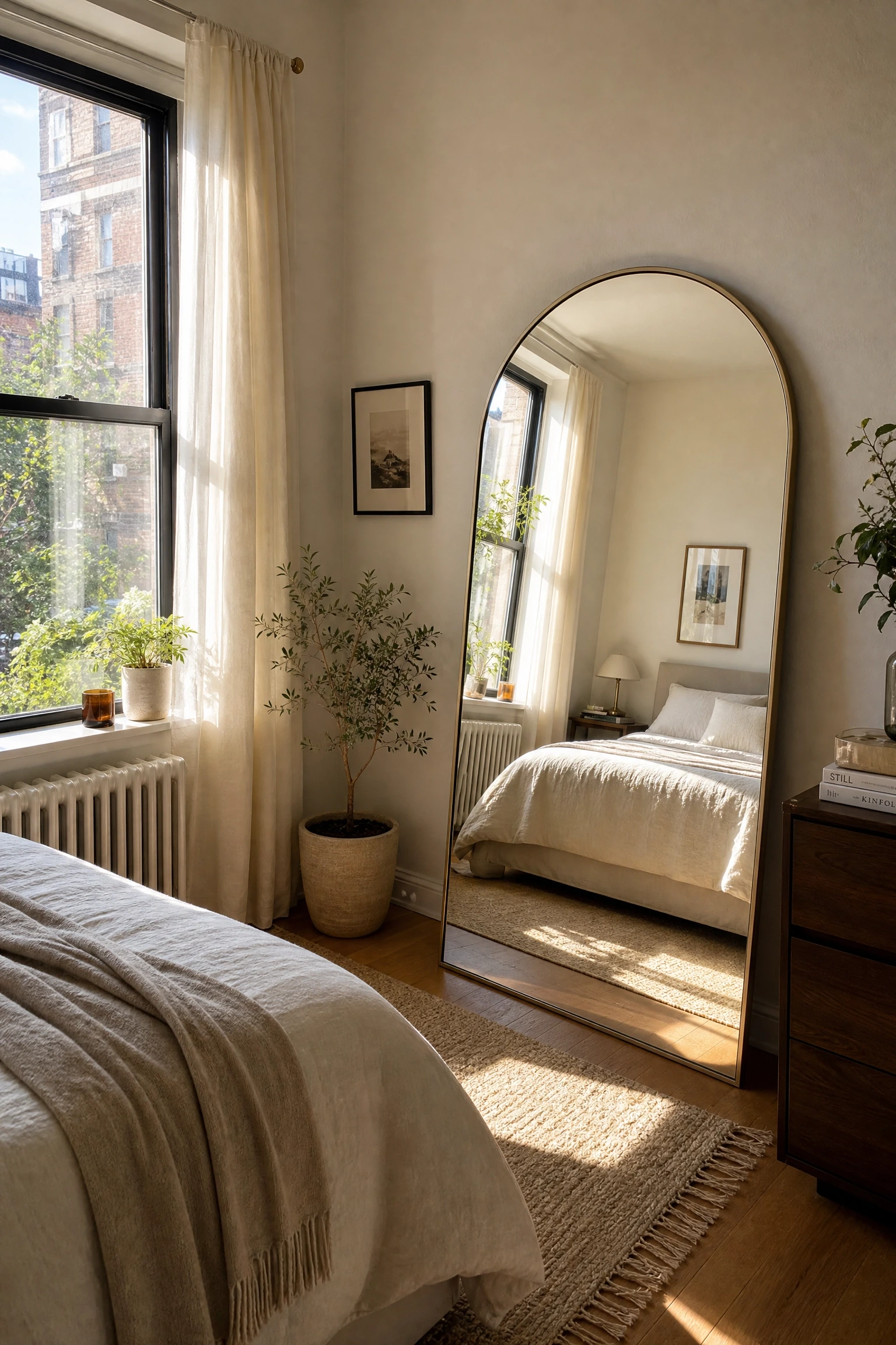hang a large mirror across from the window in a bedroom