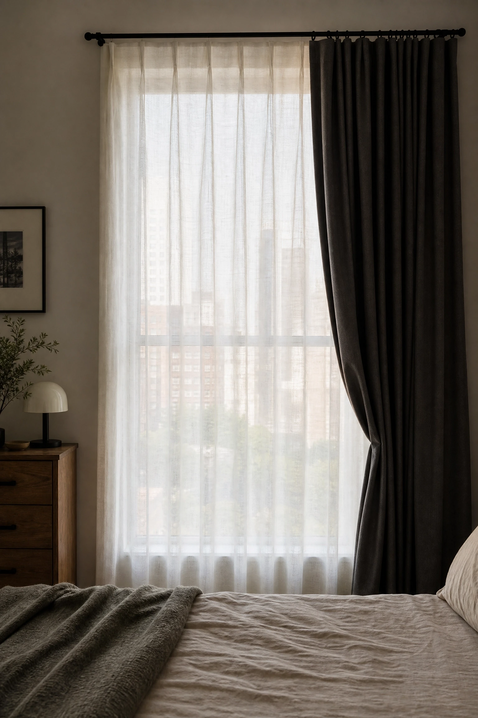 layer sheer curtains with blackout panels in a bedroom