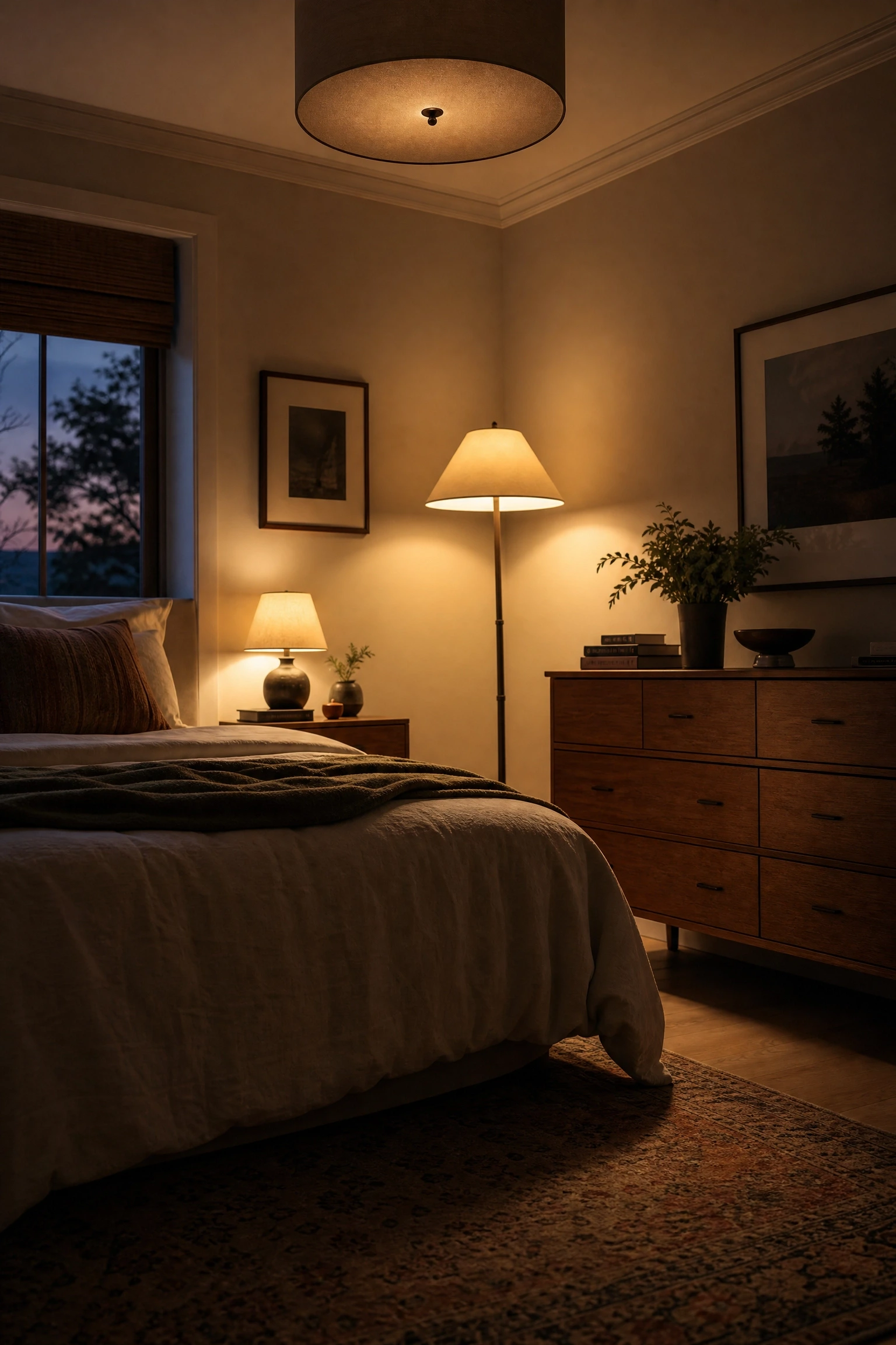 layer three light sources instead of one overhead fixture in a bedroom