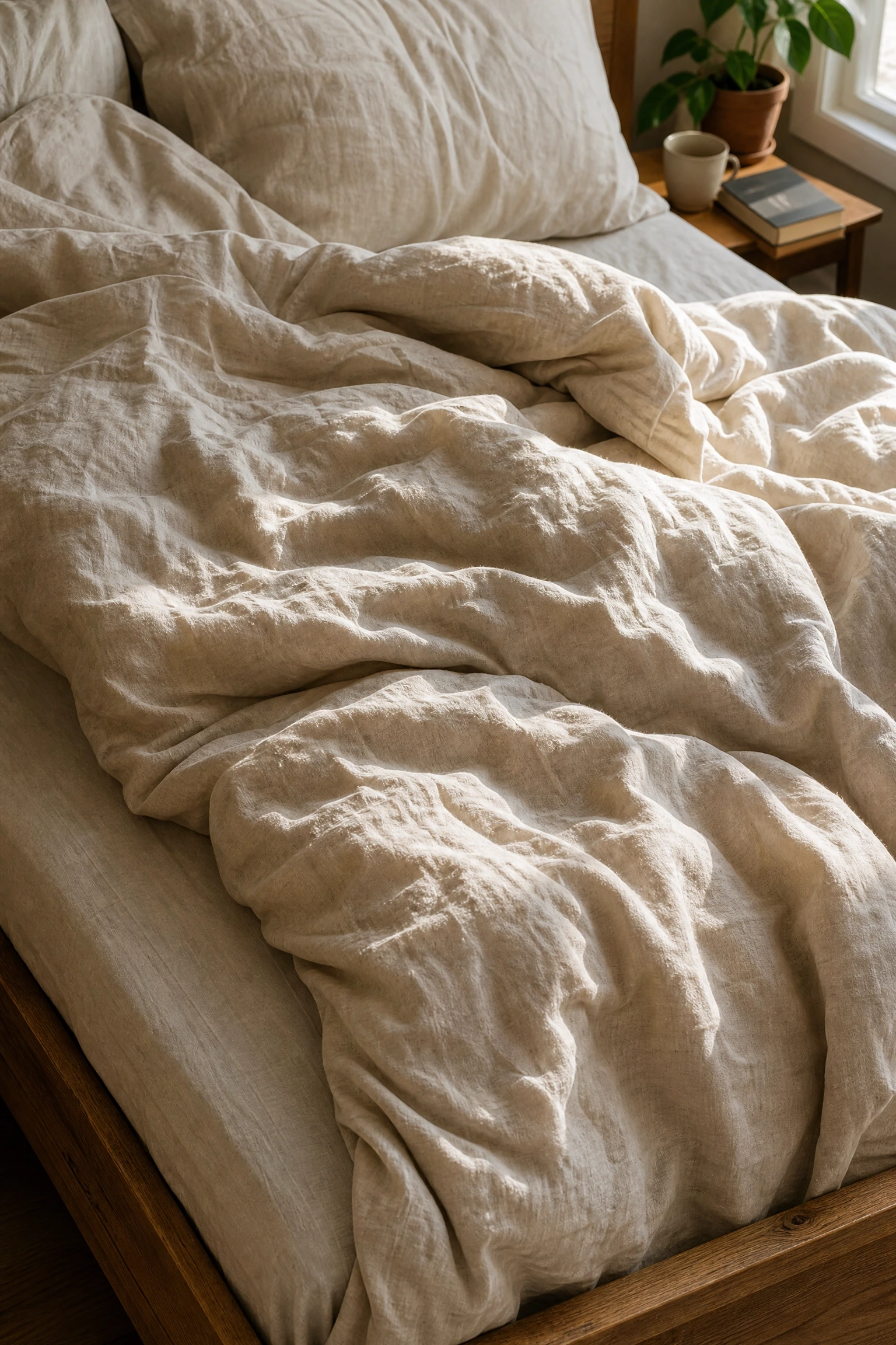 linen bedding as the anchor texture in a bedroom