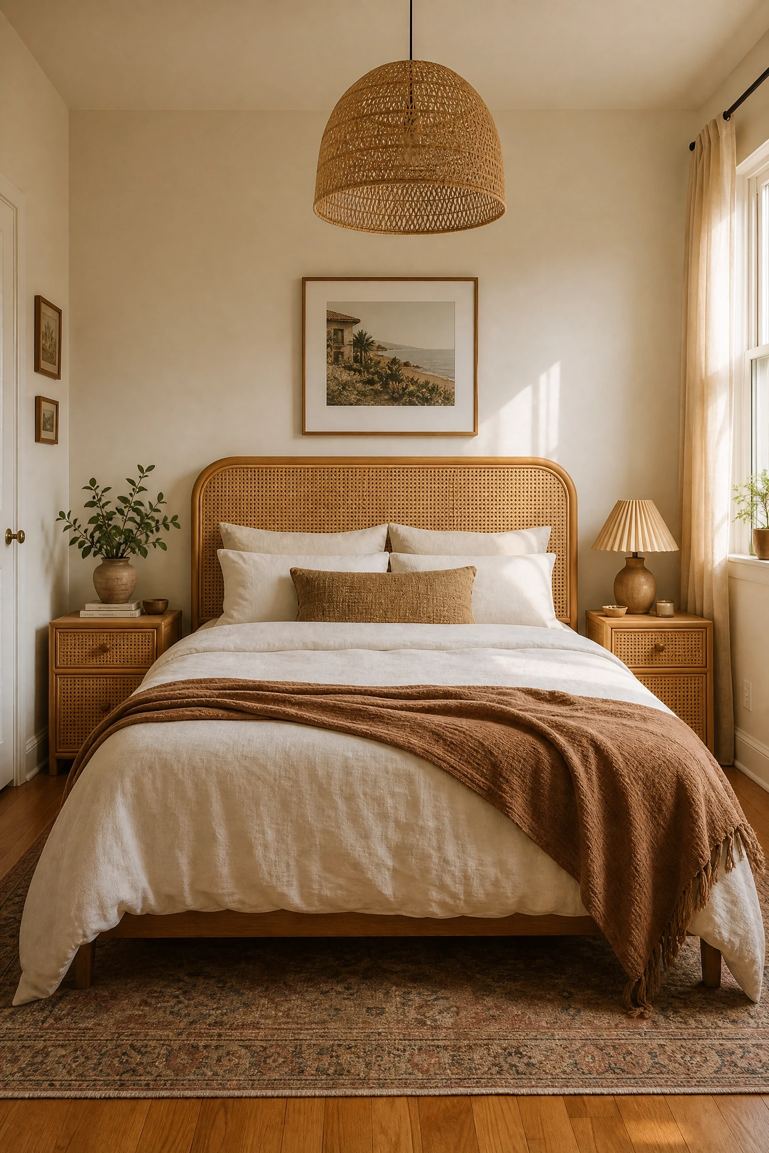 rattan and cane as warm accent materials in a bedroom