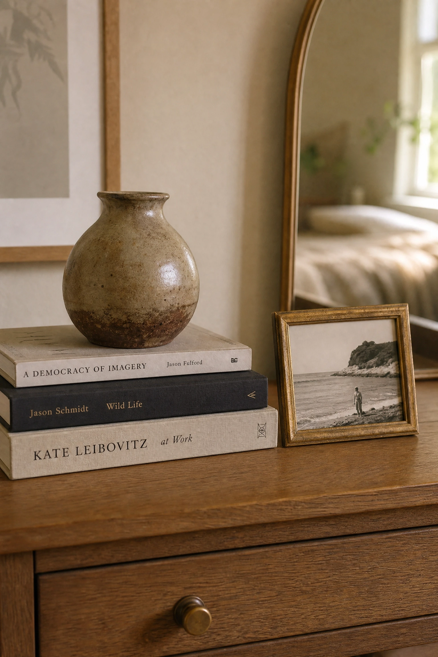 style one small vignette from things you already own in a bedroom