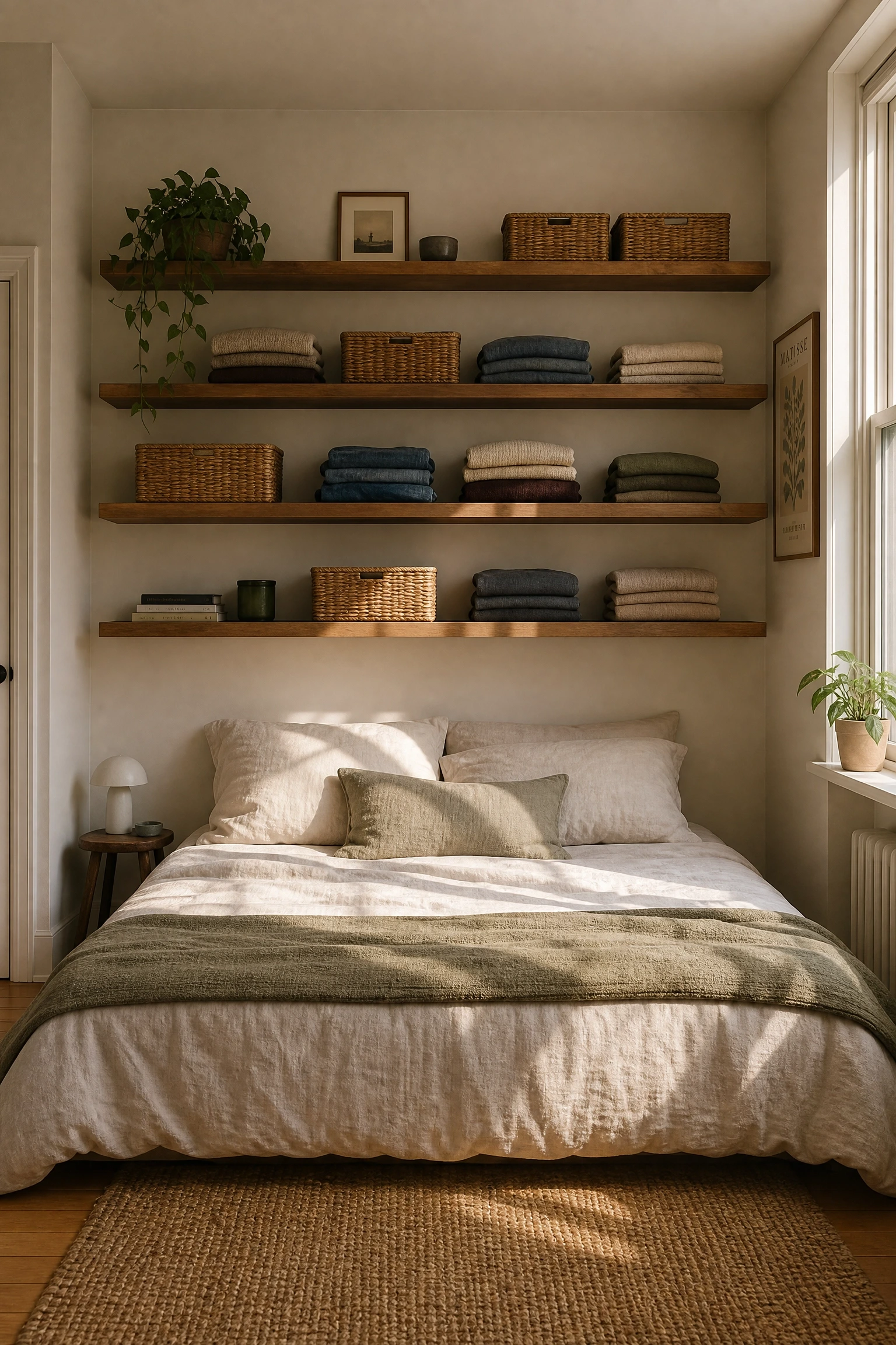 swap the dresser for wall-mounted shelving in a bedroom