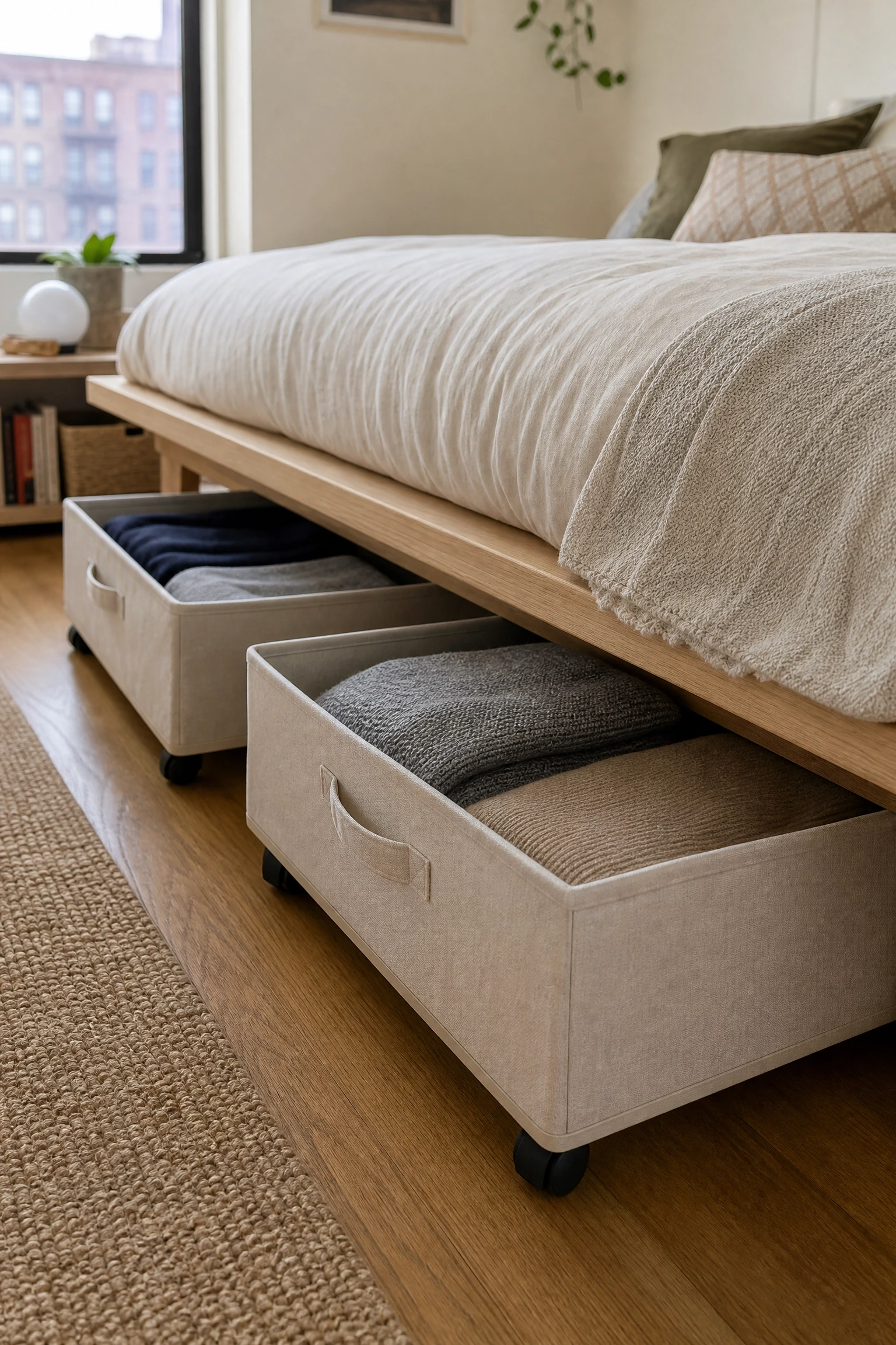 under-bed bins on wheels in a bedroom