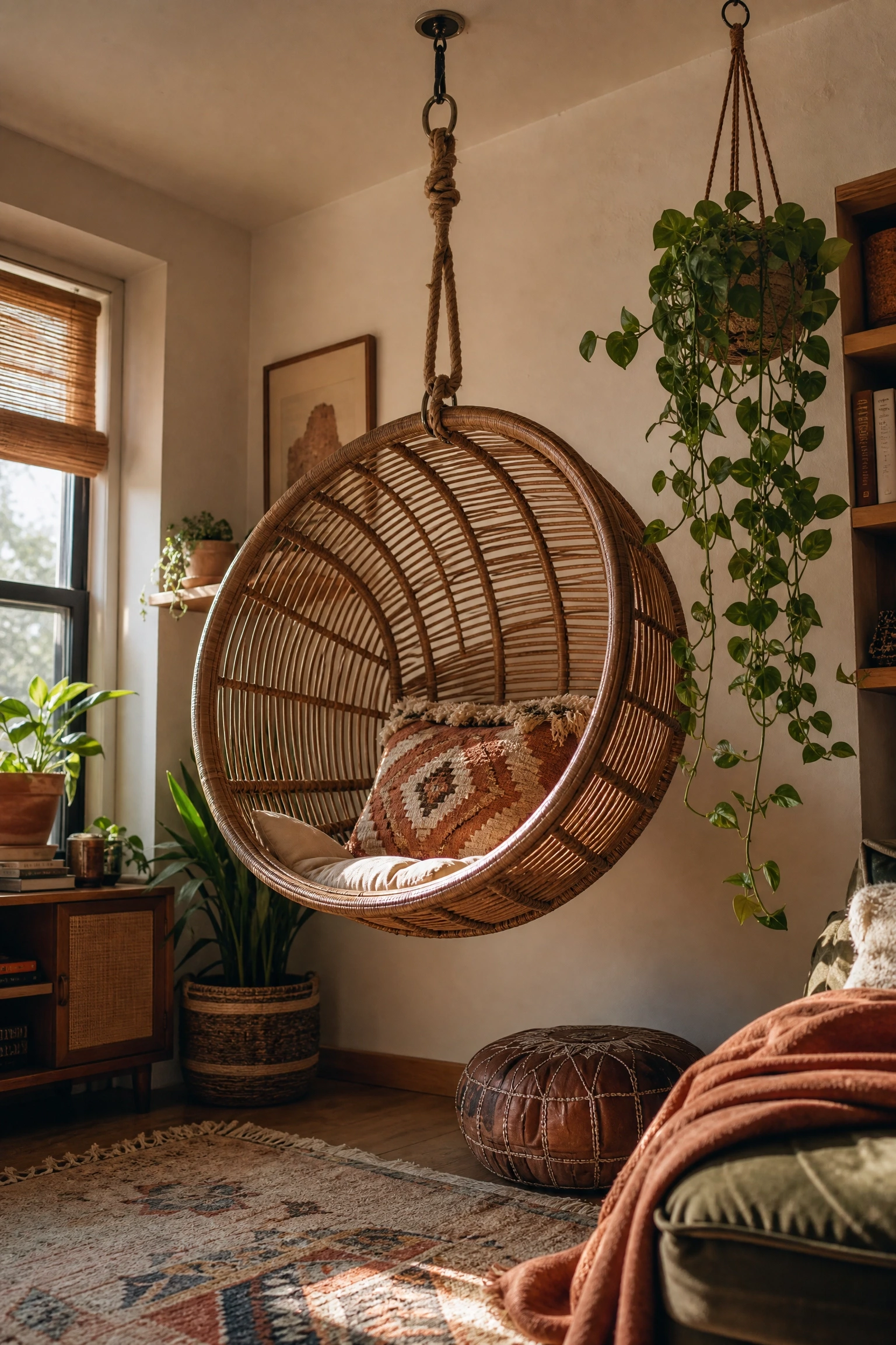 add a hanging swing chair in a corner in a living room