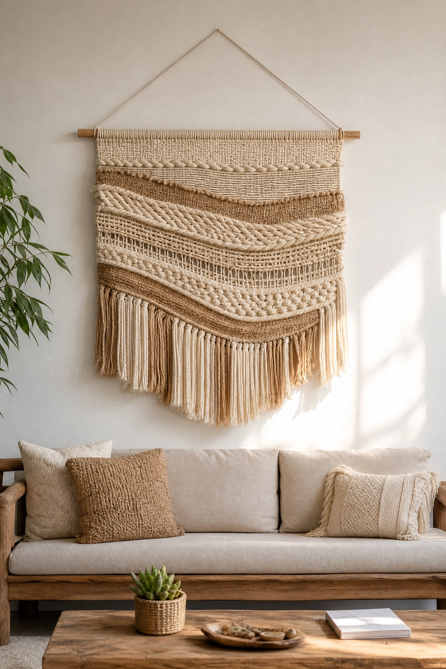 add a woven wall hanging as textile art in a living room