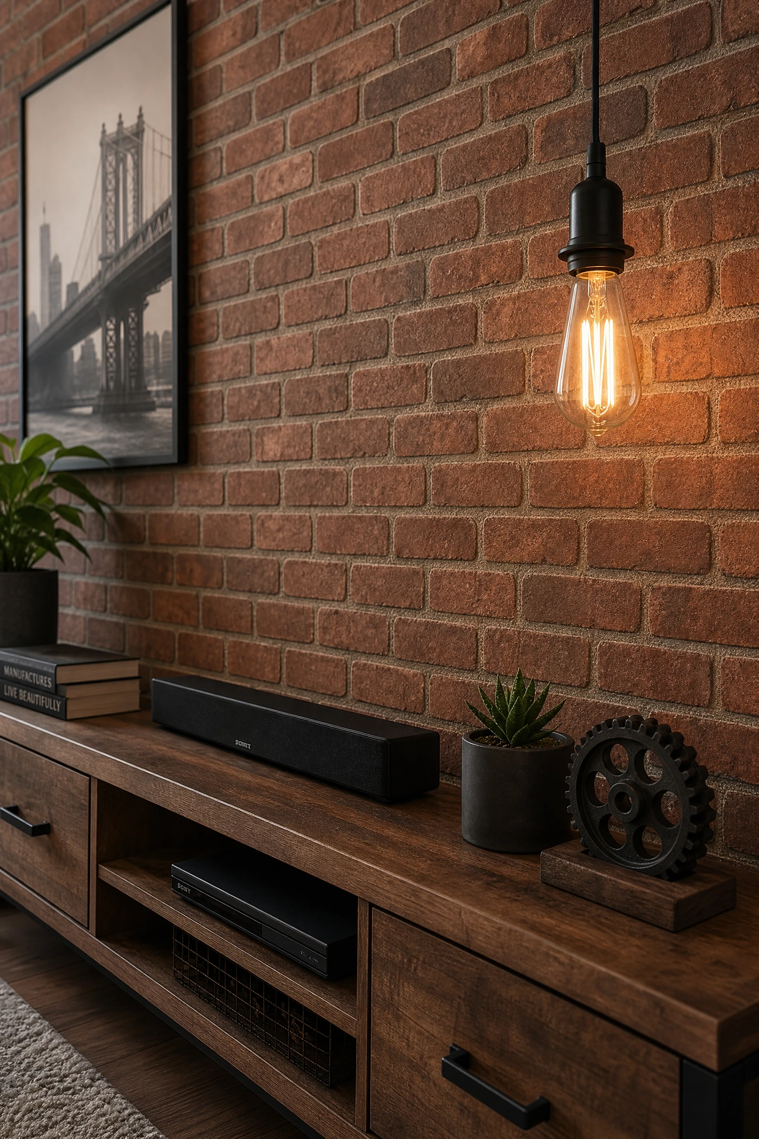 bring in exposed brick textures through wallpaper or panels in a living room