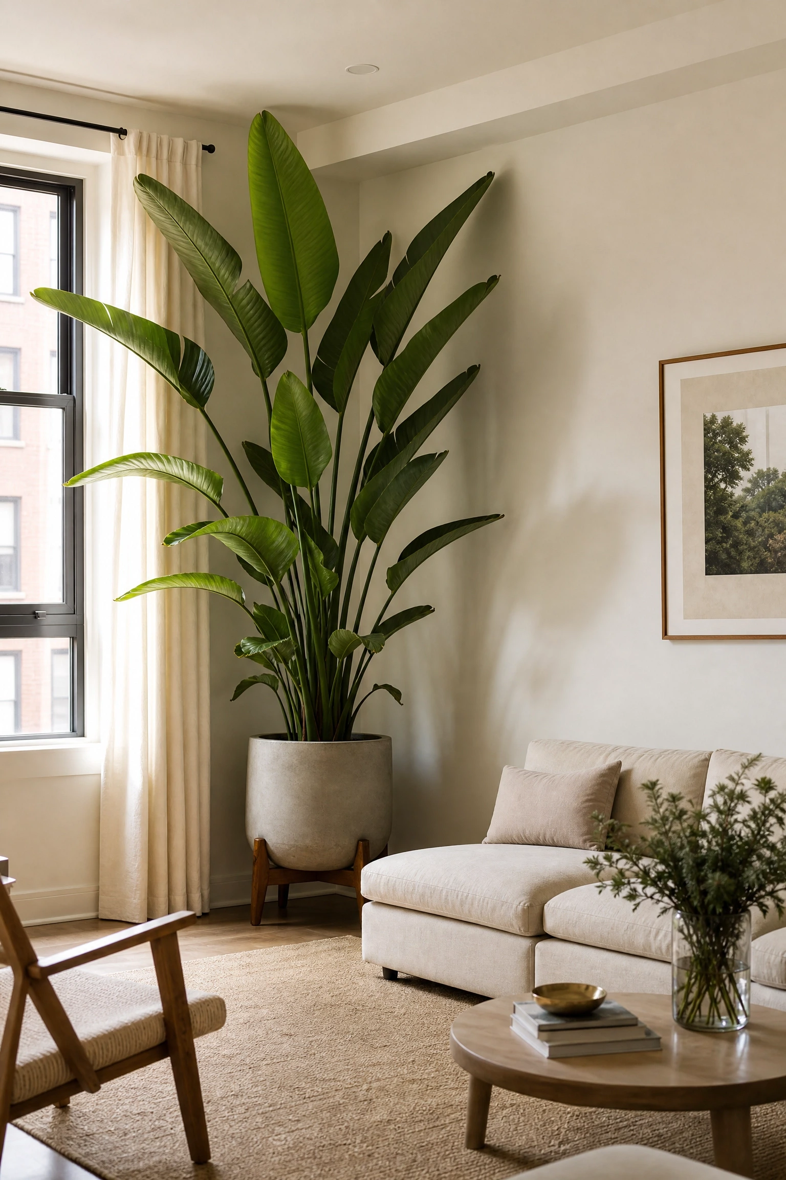 bring in one oversized indoor plant as a structural element in a living room