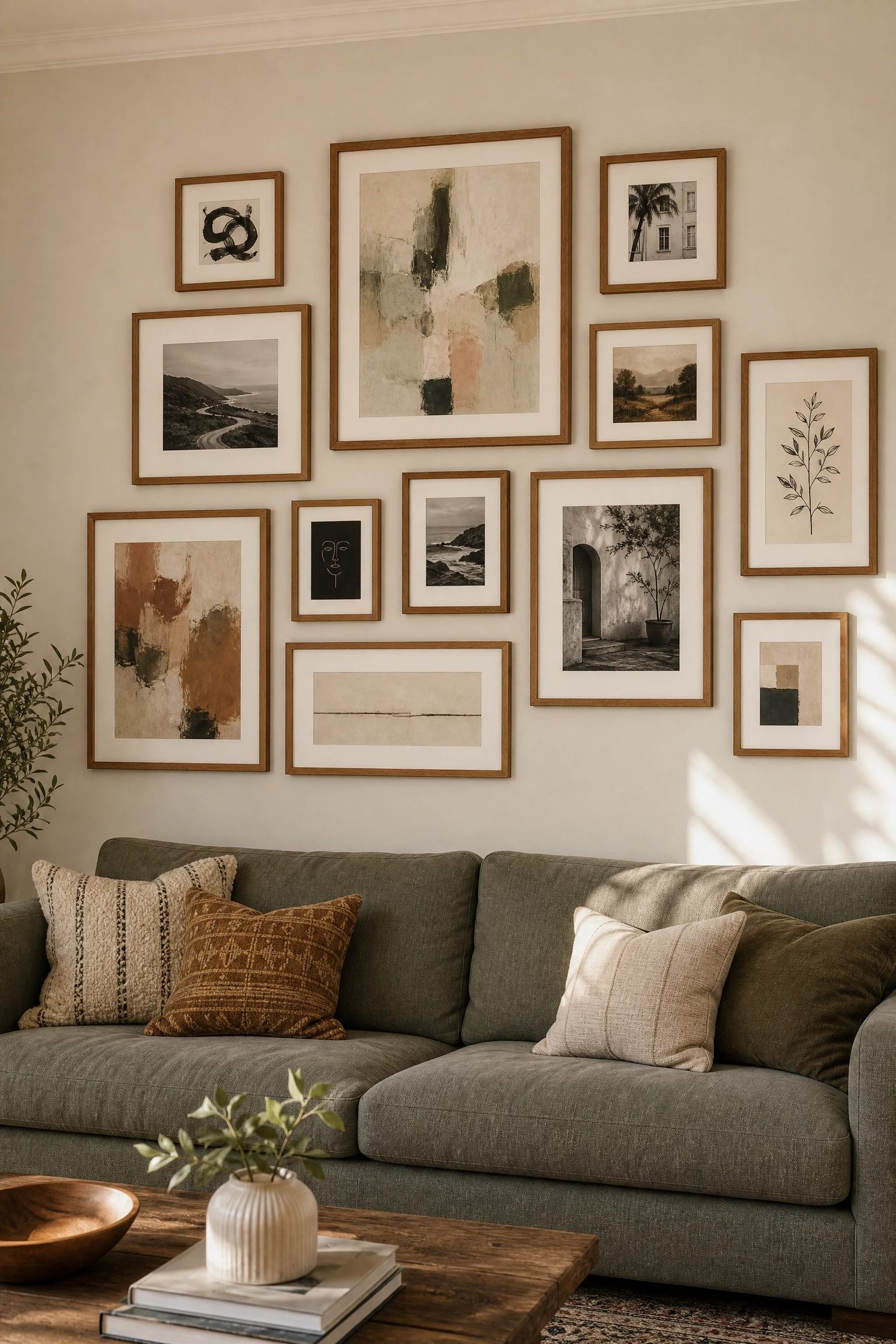 build a gallery wall with mismatched frames in a living room