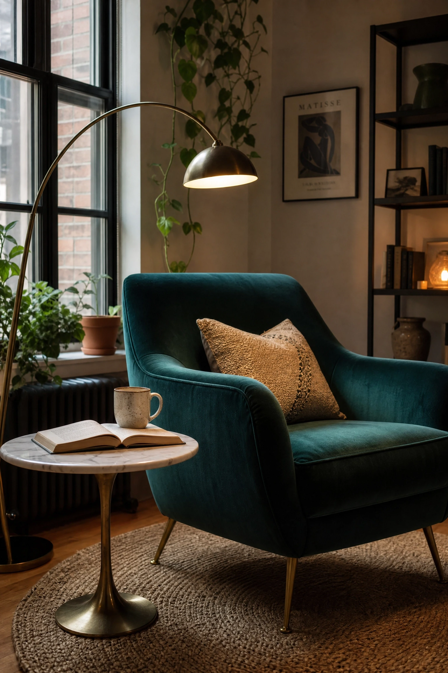create a reading nook with an armchair and a floor lamp in a living room