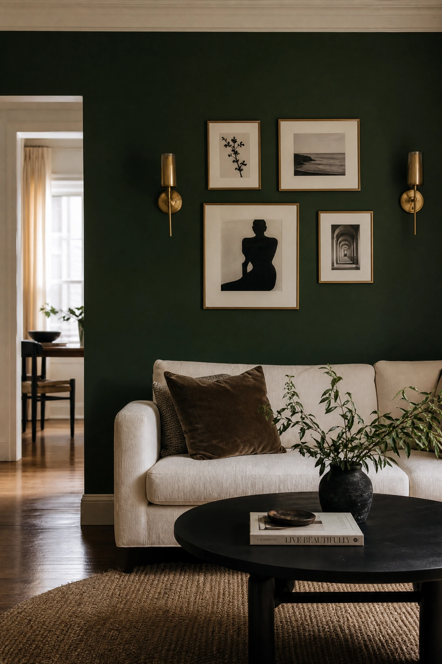 go dark on one wall with deep blue or forest green in a living room